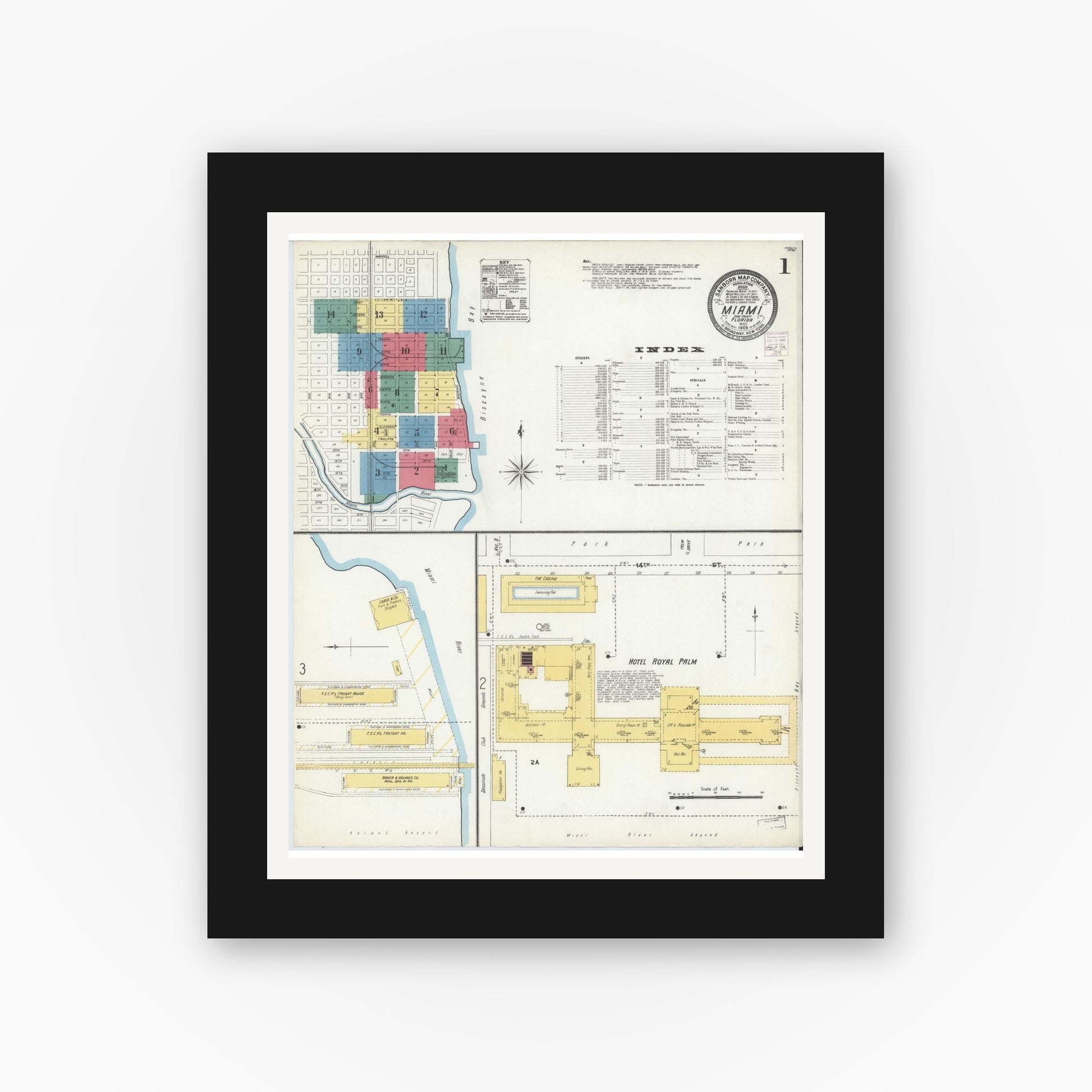 Old map wall art mockup — black gallery frame with white mat — Sanborn Fire Insurance Map from Miami, Dade County, Florida (1906), Sheet #0001