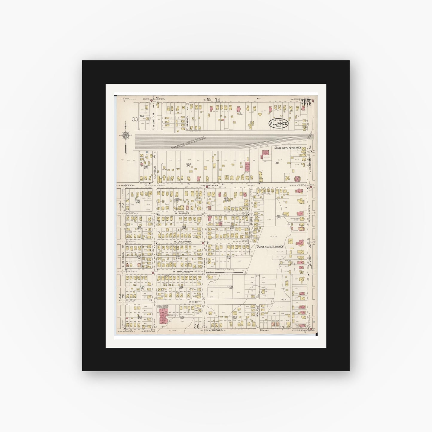 Old map wall art mockup — black gallery frame with white mat — Sanborn Fire Insurance Map from Alliance, Stark County, Ohio (1921), Sheet #0035