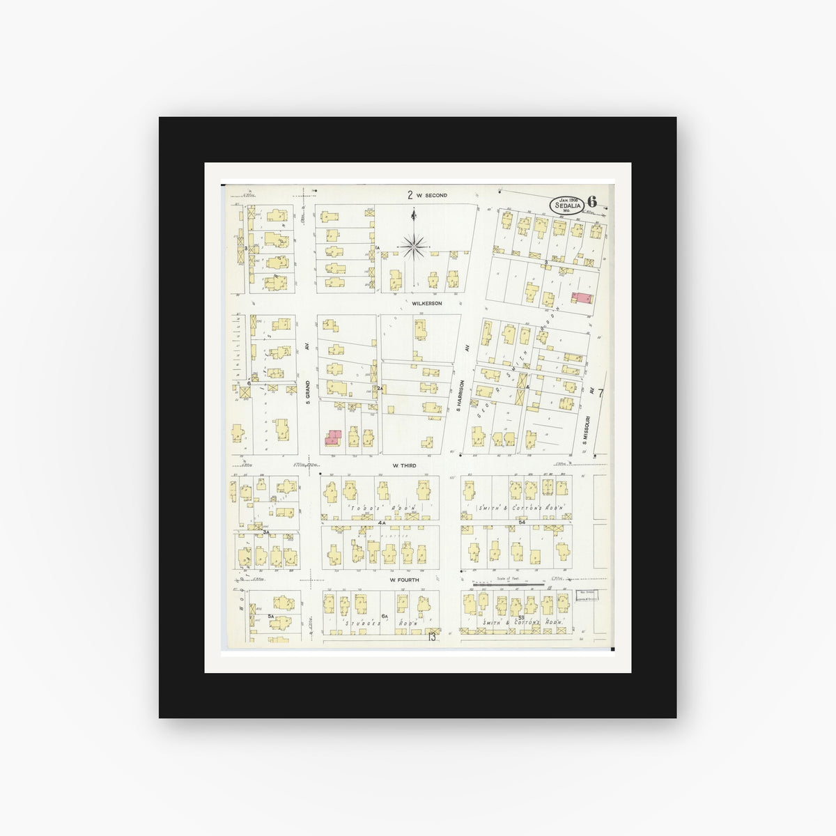 Old map wall art mockup — black gallery frame with white mat — Sanborn Fire Insurance Map from Sedalia, Pettis County, Missouri (1908), Sheet #0006