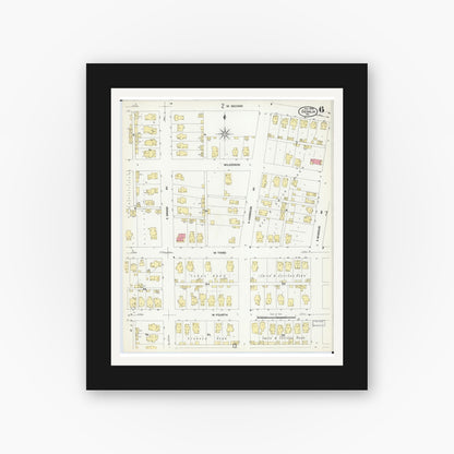 Old map wall art mockup — black gallery frame with white mat — Sanborn Fire Insurance Map from Sedalia, Pettis County, Missouri (1908), Sheet #0006