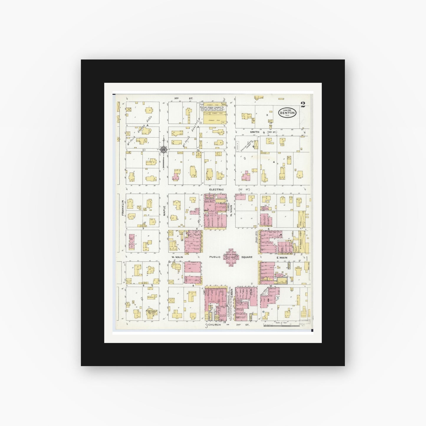 Old map wall art mockup — black gallery frame with white mat — Sanborn Fire Insurance Map from Benton, Franklin County, Illinois (1910), Sheet #0002