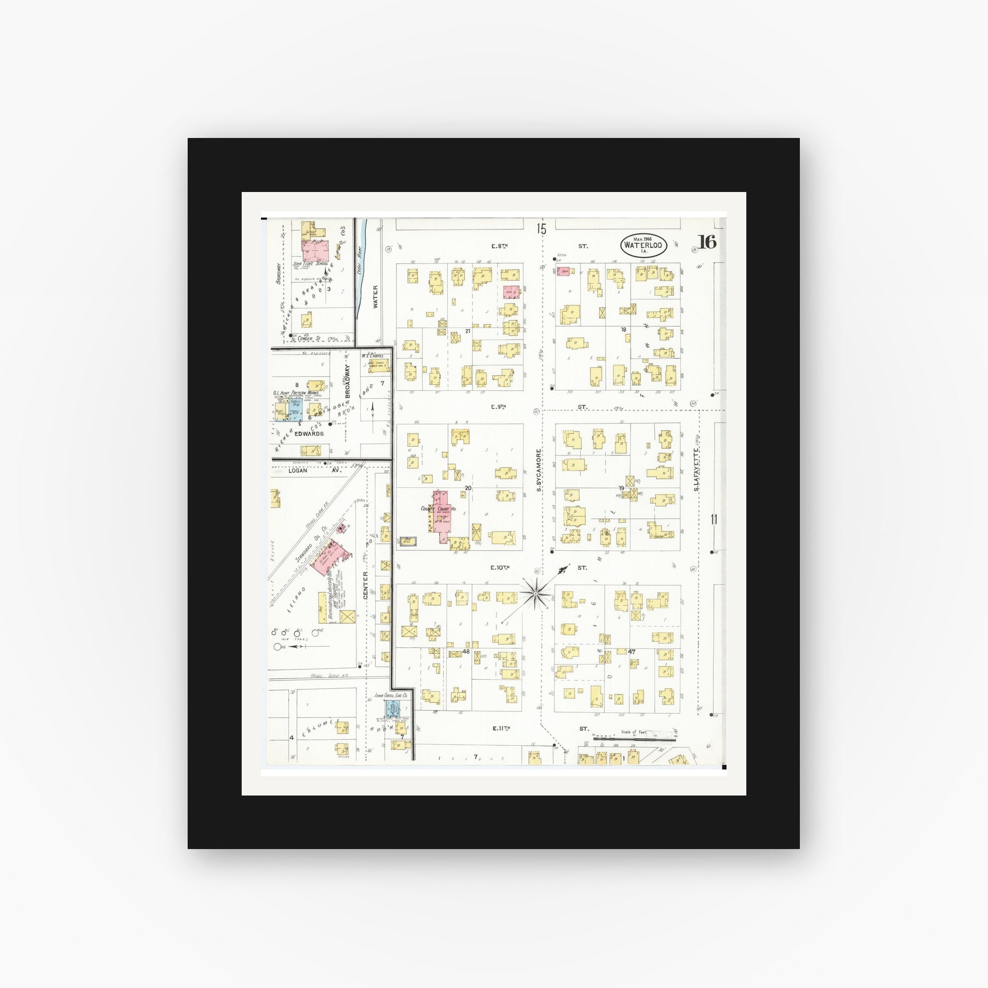 Old map wall art mockup — black gallery frame with white mat — Sanborn Fire Insurance Map from Waterloo, Black Hawk County, Iowa (1906), Sheet #0016