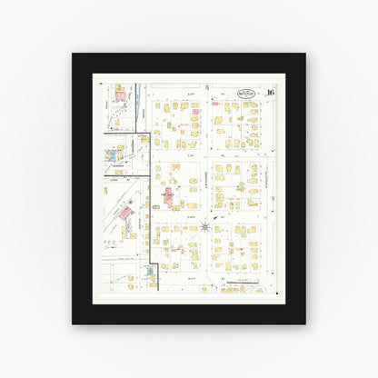 Old map wall art mockup — black gallery frame with white mat — Sanborn Fire Insurance Map from Waterloo, Black Hawk County, Iowa (1906), Sheet #0016