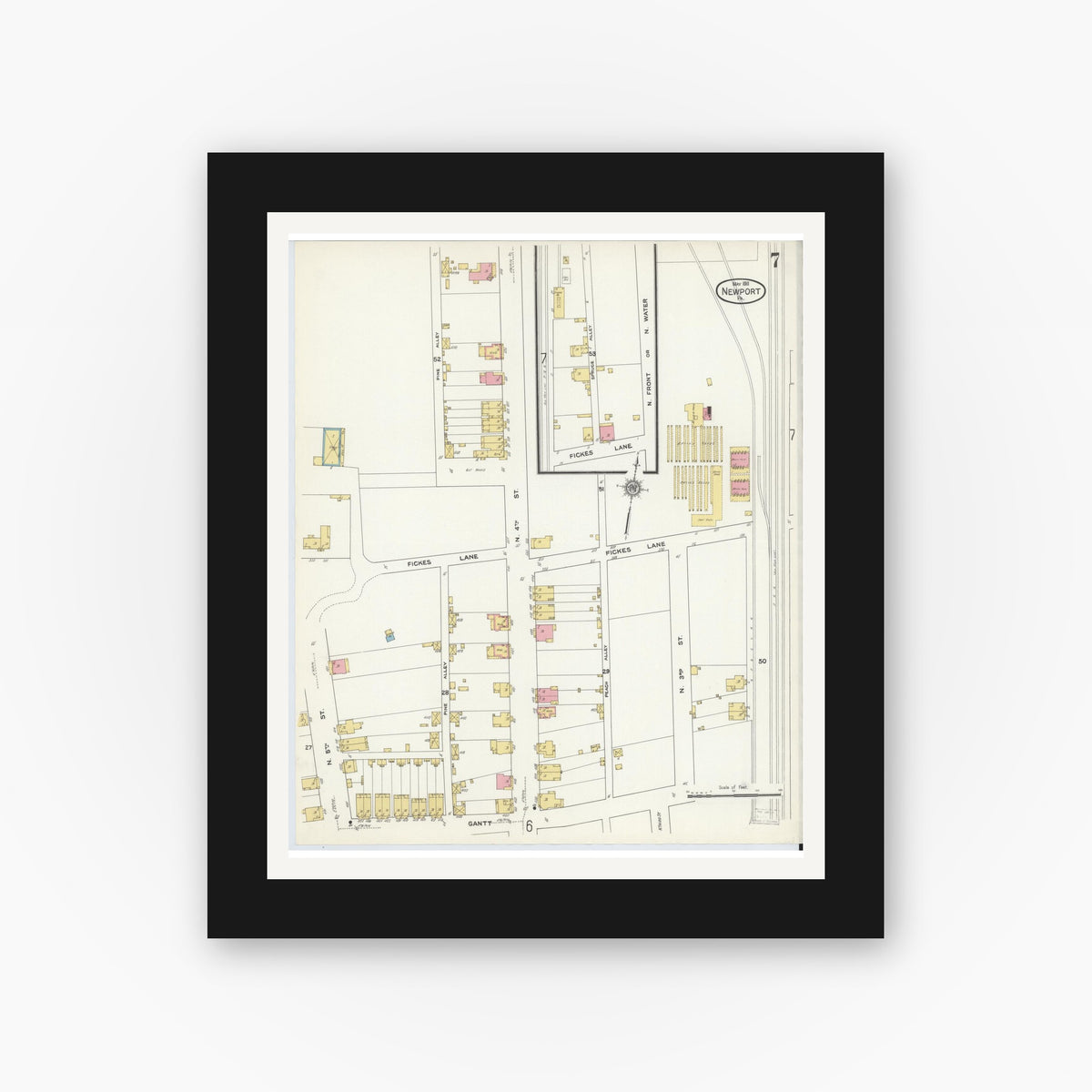 Old map wall art mockup — black gallery frame with white mat — Sanborn Fire Insurance Map from Newport, Perry County, Pennsylvania (1911), Sheet #0007