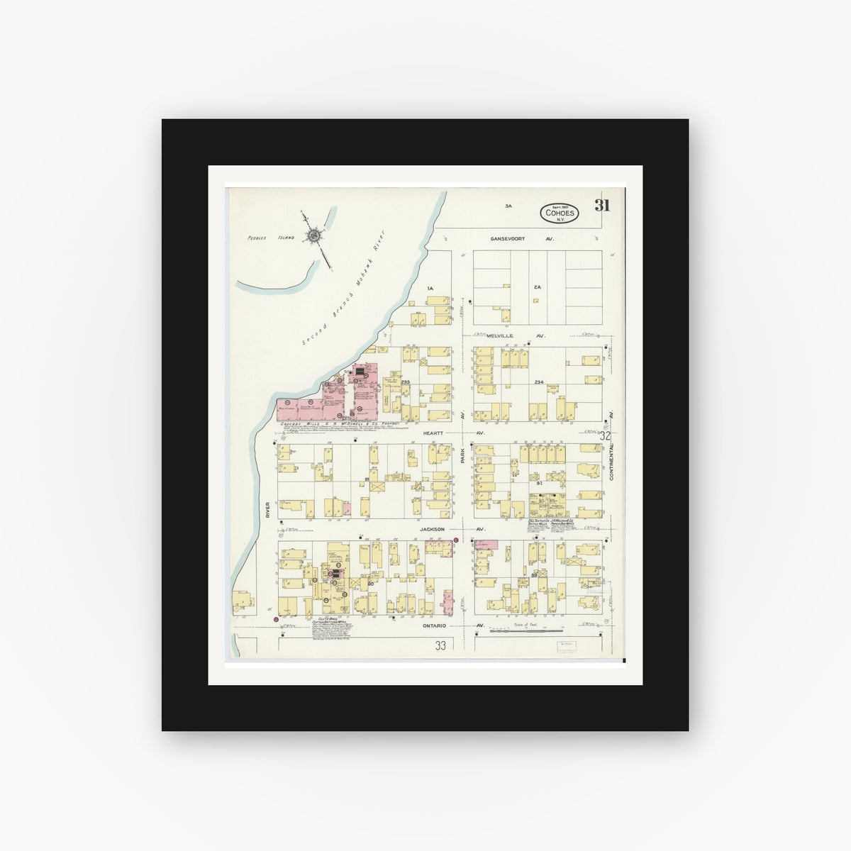 Old map wall art mockup — black gallery frame with white mat — Sanborn Fire Insurance Map from Cohoes, Albany County, New York (1910), Sheet #0031