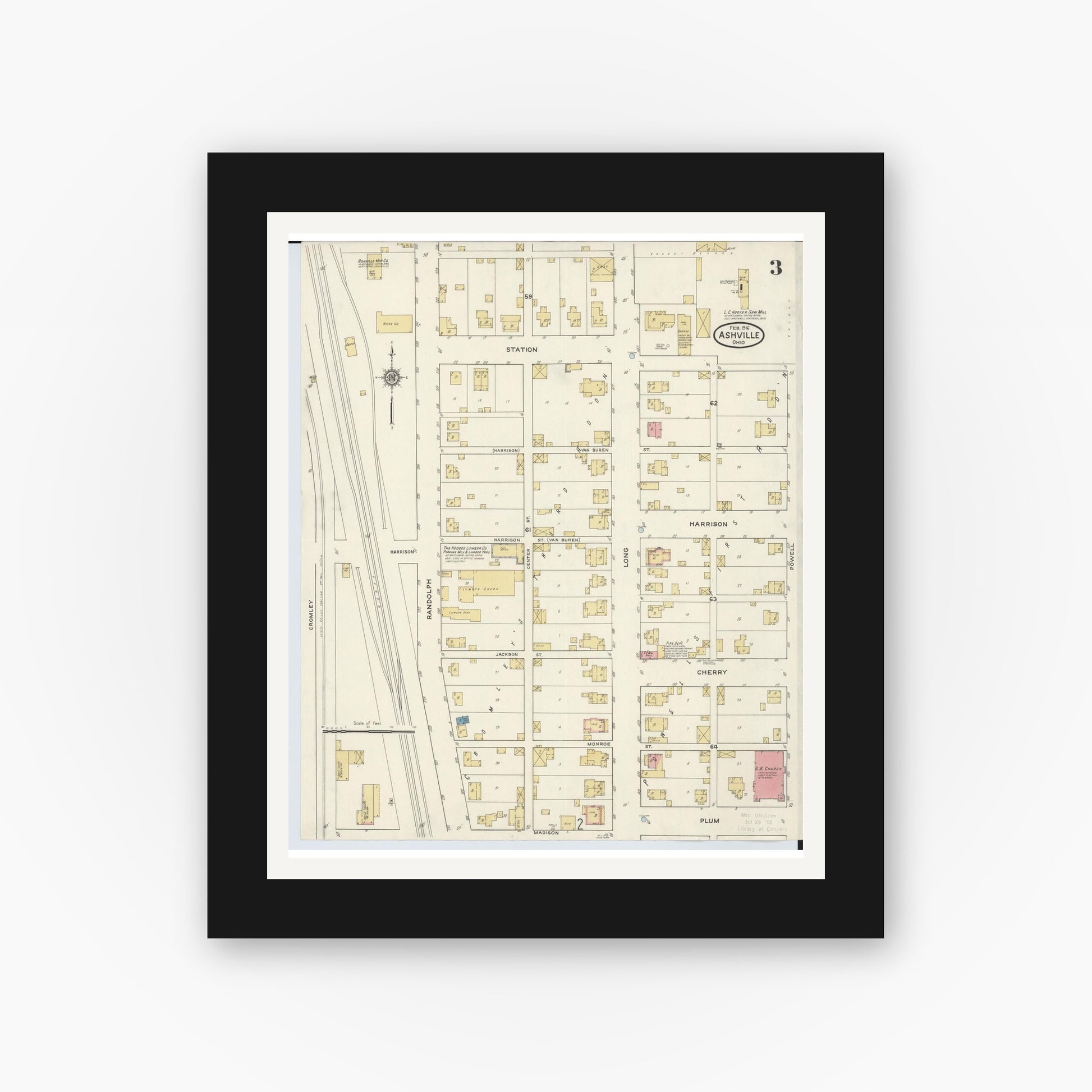 Old map wall art mockup — black gallery frame with white mat — Sanborn Fire Insurance Map from Ashville, Pickaway County, Ohio (1916), Sheet #0003