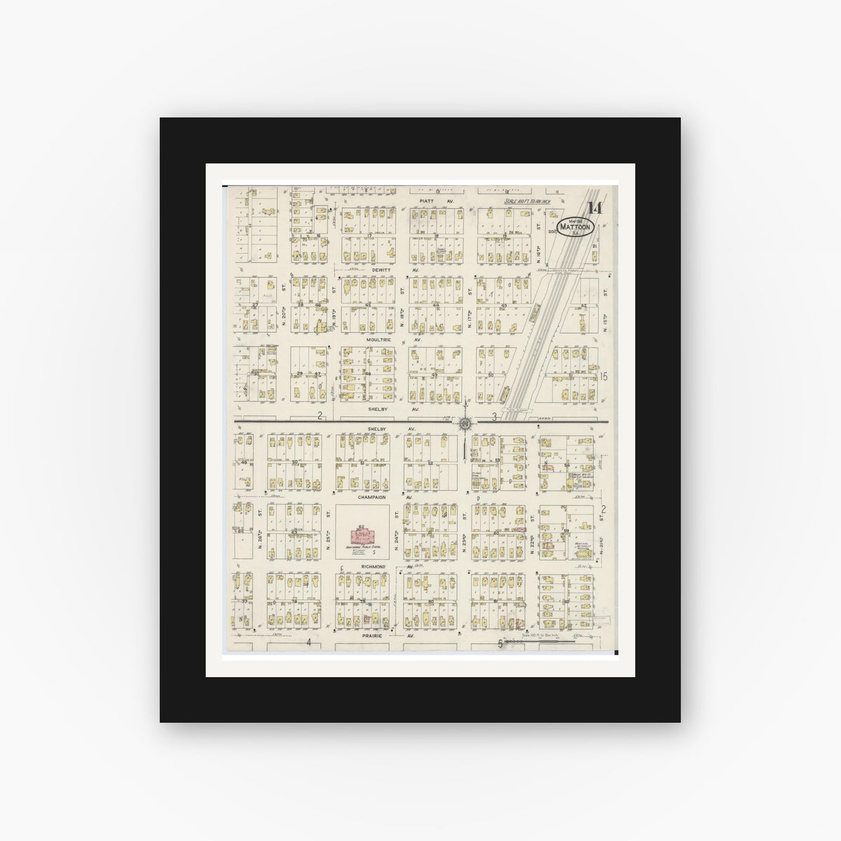 Old map wall art mockup — black gallery frame with white mat — Sanborn Fire Insurance Map from Mattoon, Coles County, Illinois (1915), Sheet #0014