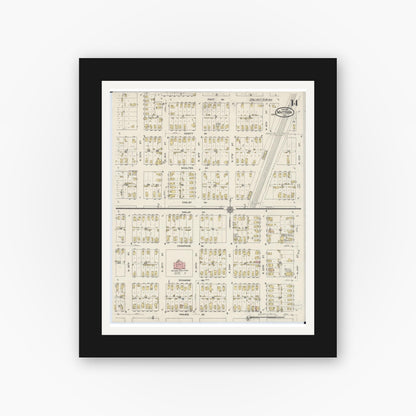 Old map wall art mockup — black gallery frame with white mat — Sanborn Fire Insurance Map from Mattoon, Coles County, Illinois (1915), Sheet #0014