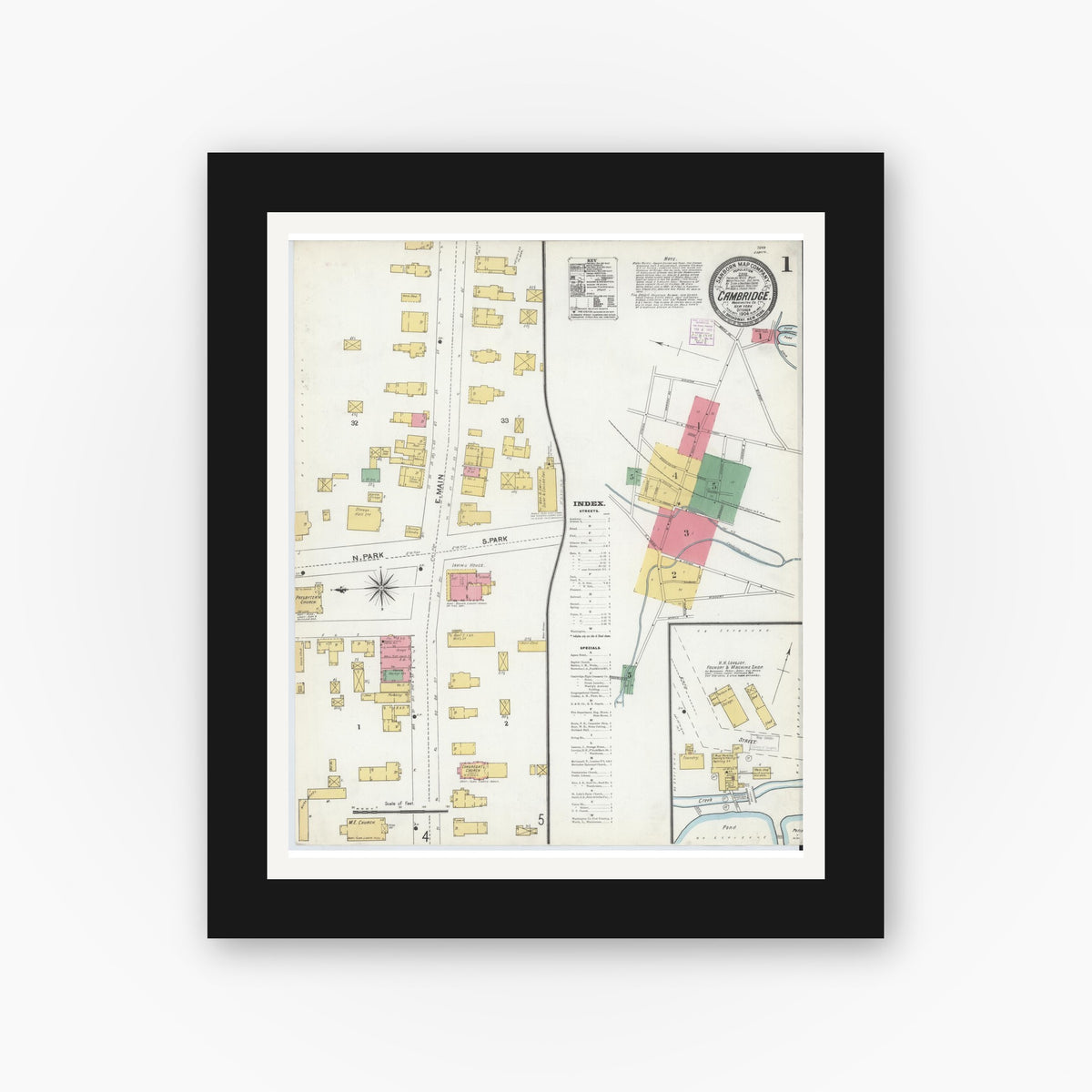 Old map wall art mockup — black gallery frame with white mat — Sanborn Fire Insurance Map from Cambridge, Washington County, New York (1904), Sheet #0001