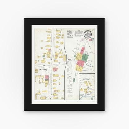 Old map wall art mockup — black gallery frame with white mat — Sanborn Fire Insurance Map from Cambridge, Washington County, New York (1904), Sheet #0001