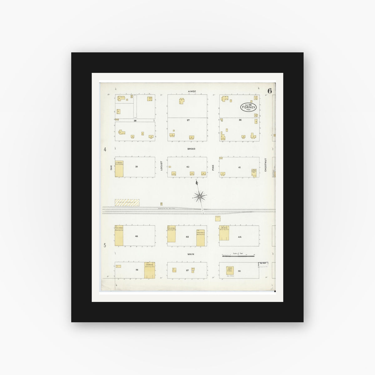 Old map wall art mockup — black gallery frame with white mat — Sanborn Fire Insurance Map from Forney, Kaufman County, Texas (1906), Sheet #0006