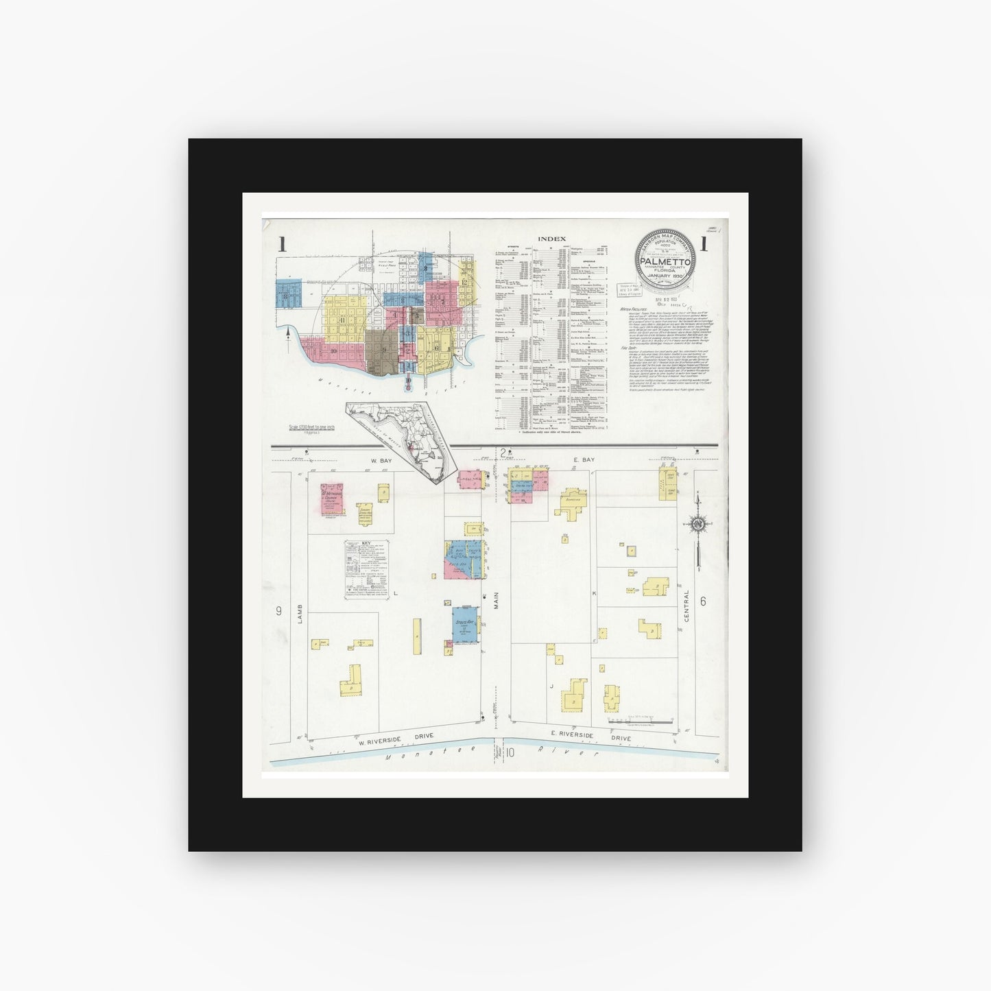 Old map wall art mockup — black gallery frame with white mat — Sanborn Fire Insurance Map from Palmetto, Manatee County, Florida (1930), Sheet #0001