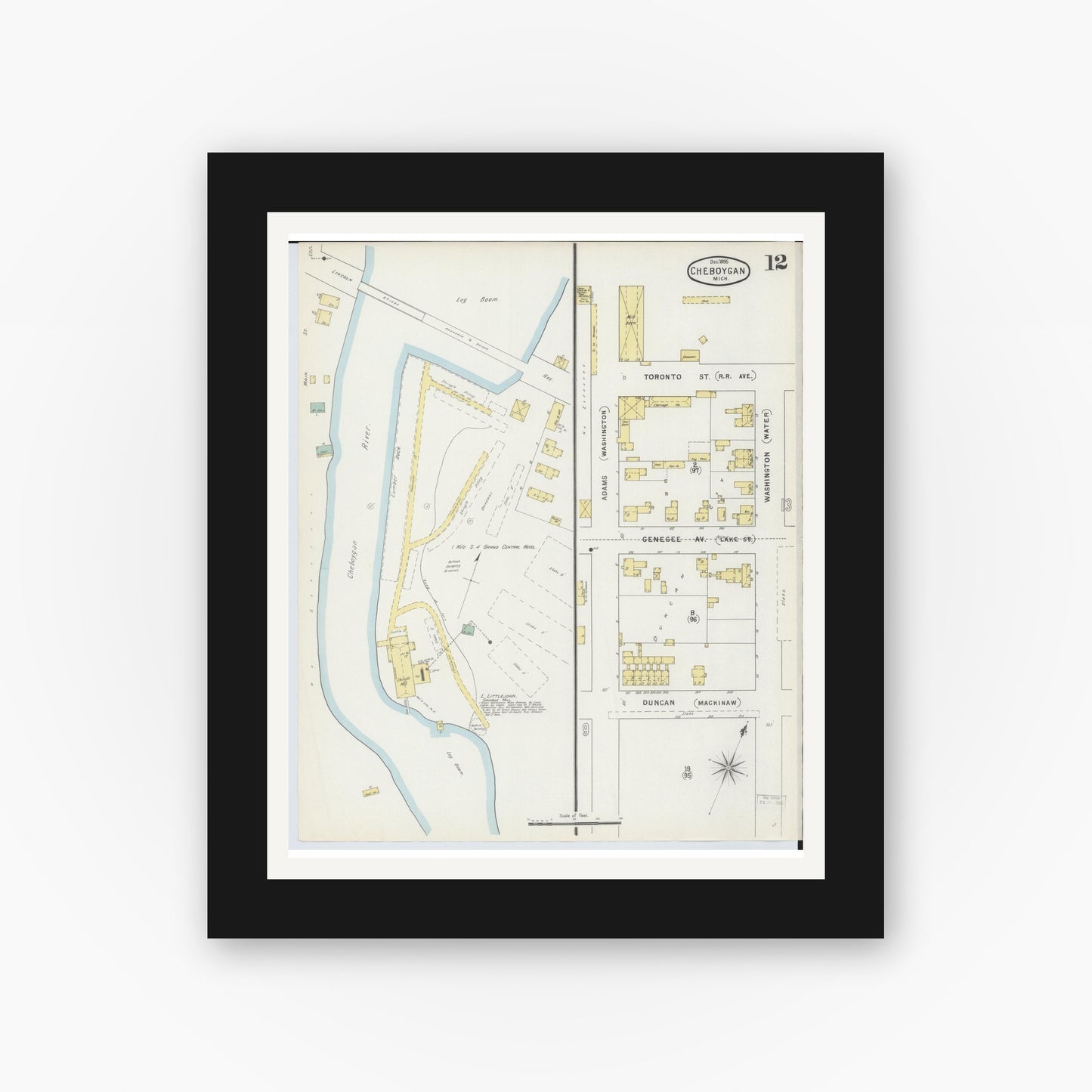 Old map wall art mockup — black gallery frame with white mat — Sanborn Fire Insurance Map from Cheboygan, Cheboygan County, Michigan (1895), Sheet #0012