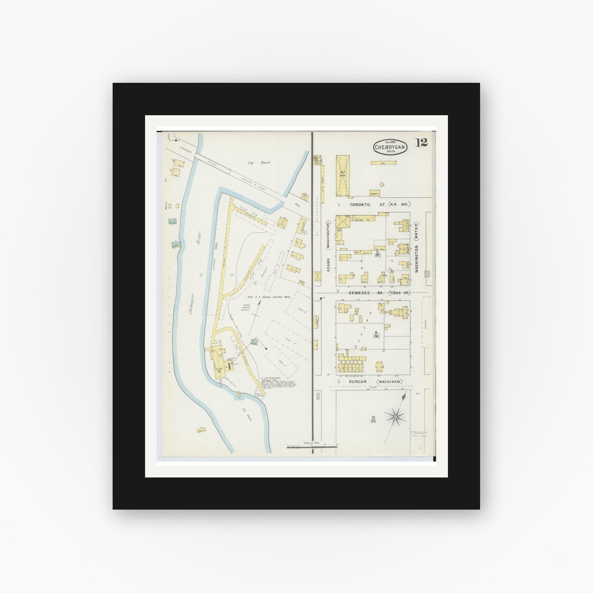 Old map wall art mockup — black gallery frame with white mat — Sanborn Fire Insurance Map from Cheboygan, Cheboygan County, Michigan (1895), Sheet #0012
