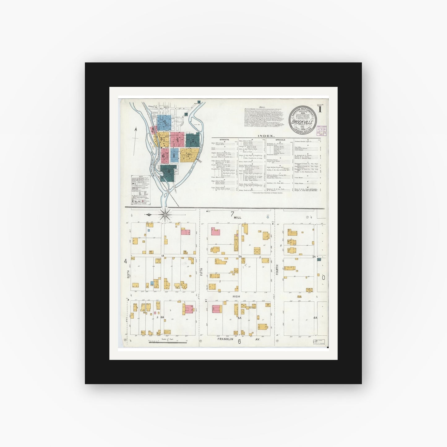 Old map wall art mockup — black gallery frame with white mat — Sanborn Fire Insurance Map from Brookville, Franklin County, Indiana (1906) - Complete Map Set