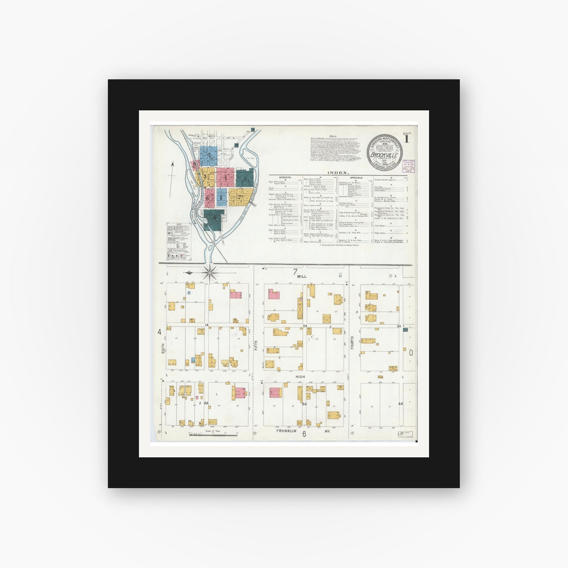 Old map wall art mockup — black gallery frame with white mat — Sanborn Fire Insurance Map from Brookville, Franklin County, Indiana (1906) - Complete Map Set