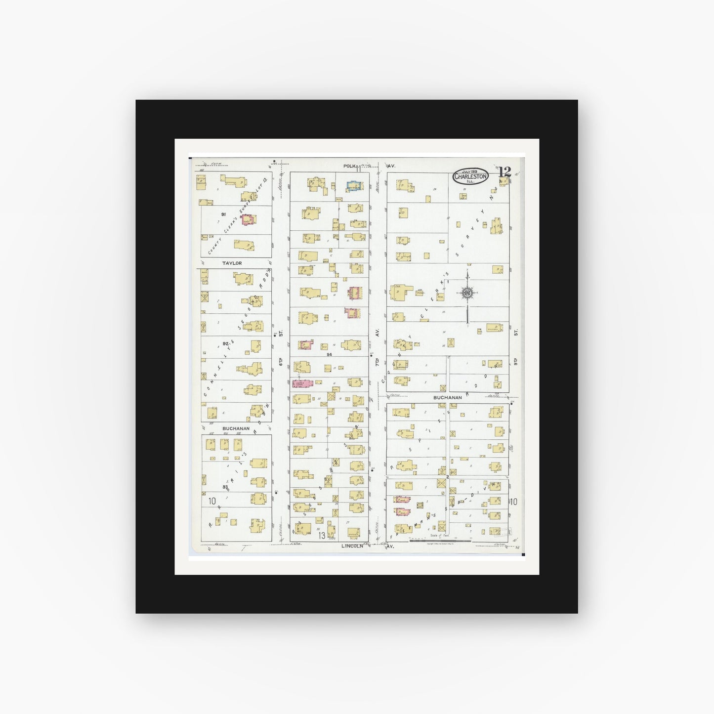 Old map wall art mockup — black gallery frame with white mat — Sanborn Fire Insurance Map from Charleston, Coles County, Illinois (1919), Sheet #0012
