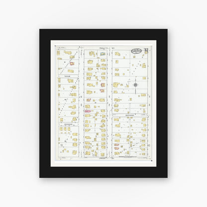 Old map wall art mockup — black gallery frame with white mat — Sanborn Fire Insurance Map from Charleston, Coles County, Illinois (1919), Sheet #0012