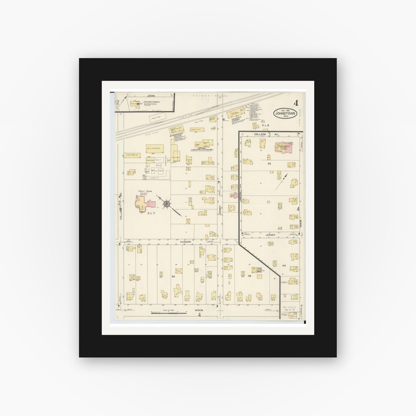 Old map wall art mockup — black gallery frame with white mat — Sanborn Fire Insurance Map from Johnstown, Licking County, Ohio (1913), Sheet #0004