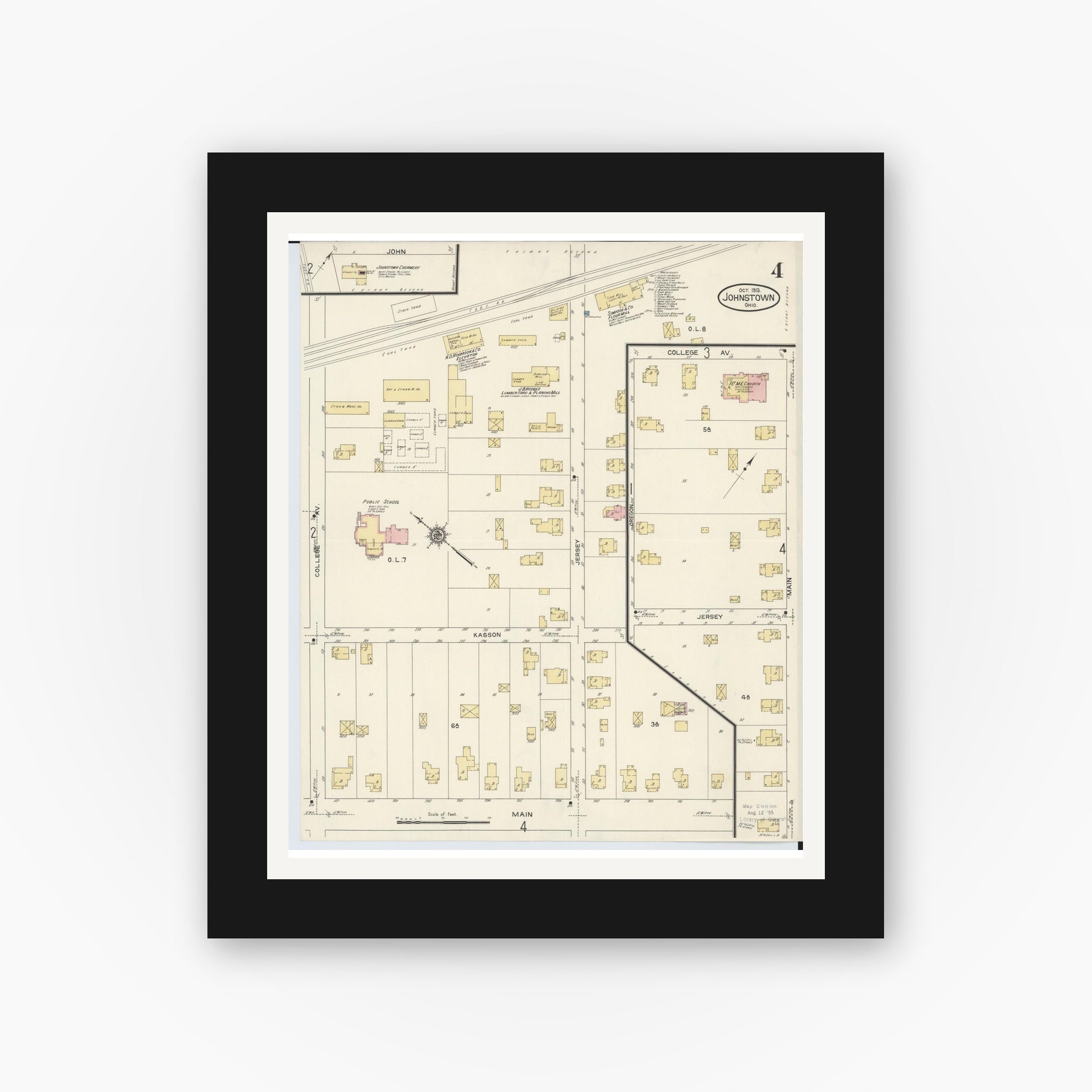 Old map wall art mockup — black gallery frame with white mat — Sanborn Fire Insurance Map from Johnstown, Licking County, Ohio (1913), Sheet #0004