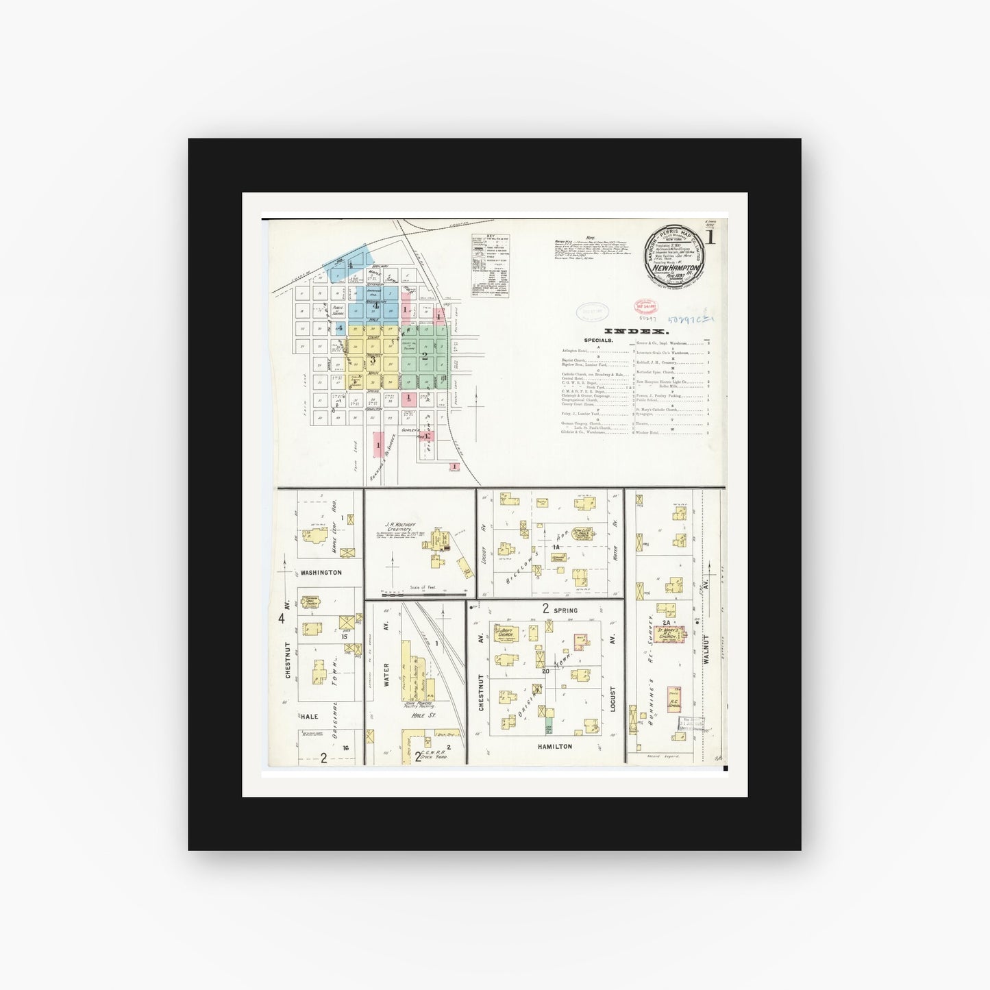 Old map wall art mockup — black gallery frame with white mat — Sanborn Fire Insurance Map from New Hampton, Chickasaw County, Iowa (1897) â€” Complete Set