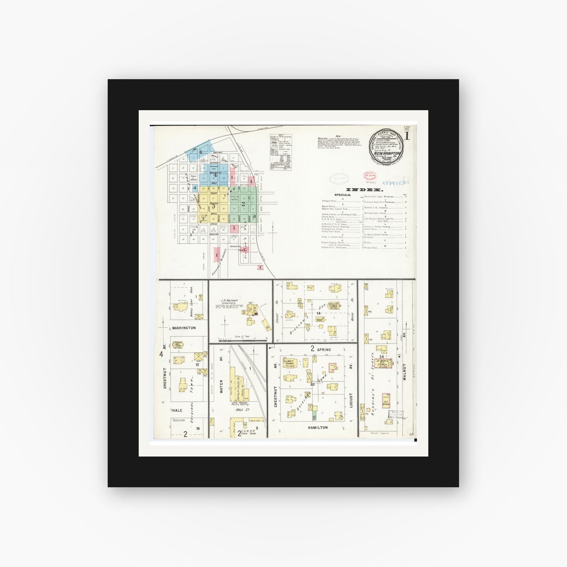 Old map wall art mockup — black gallery frame with white mat — Sanborn Fire Insurance Map from New Hampton, Chickasaw County, Iowa (1897) â€” Complete Set