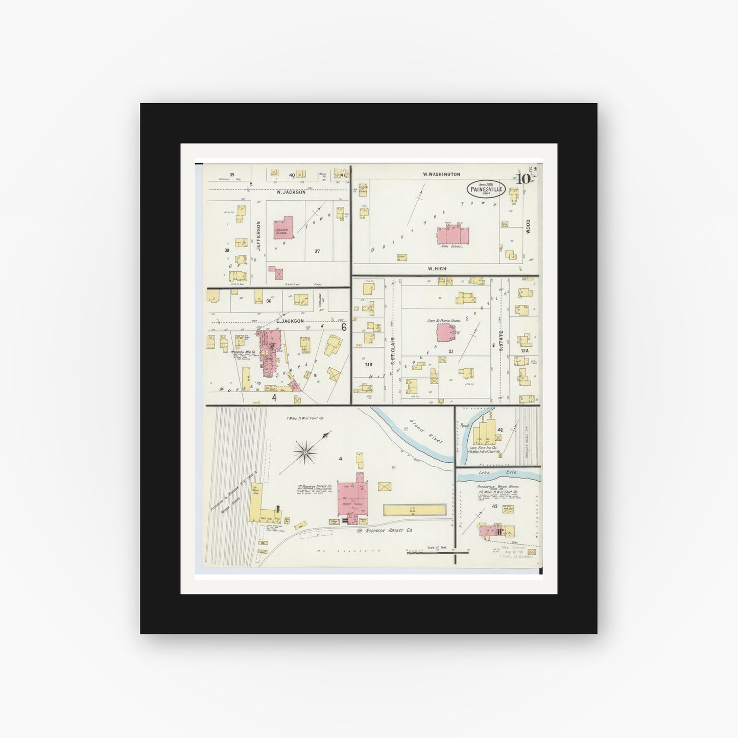 Old map wall art mockup — black gallery frame with white mat — Sanborn Fire Insurance Map from Painesville, Lake County, Ohio (1898), Sheet #0010