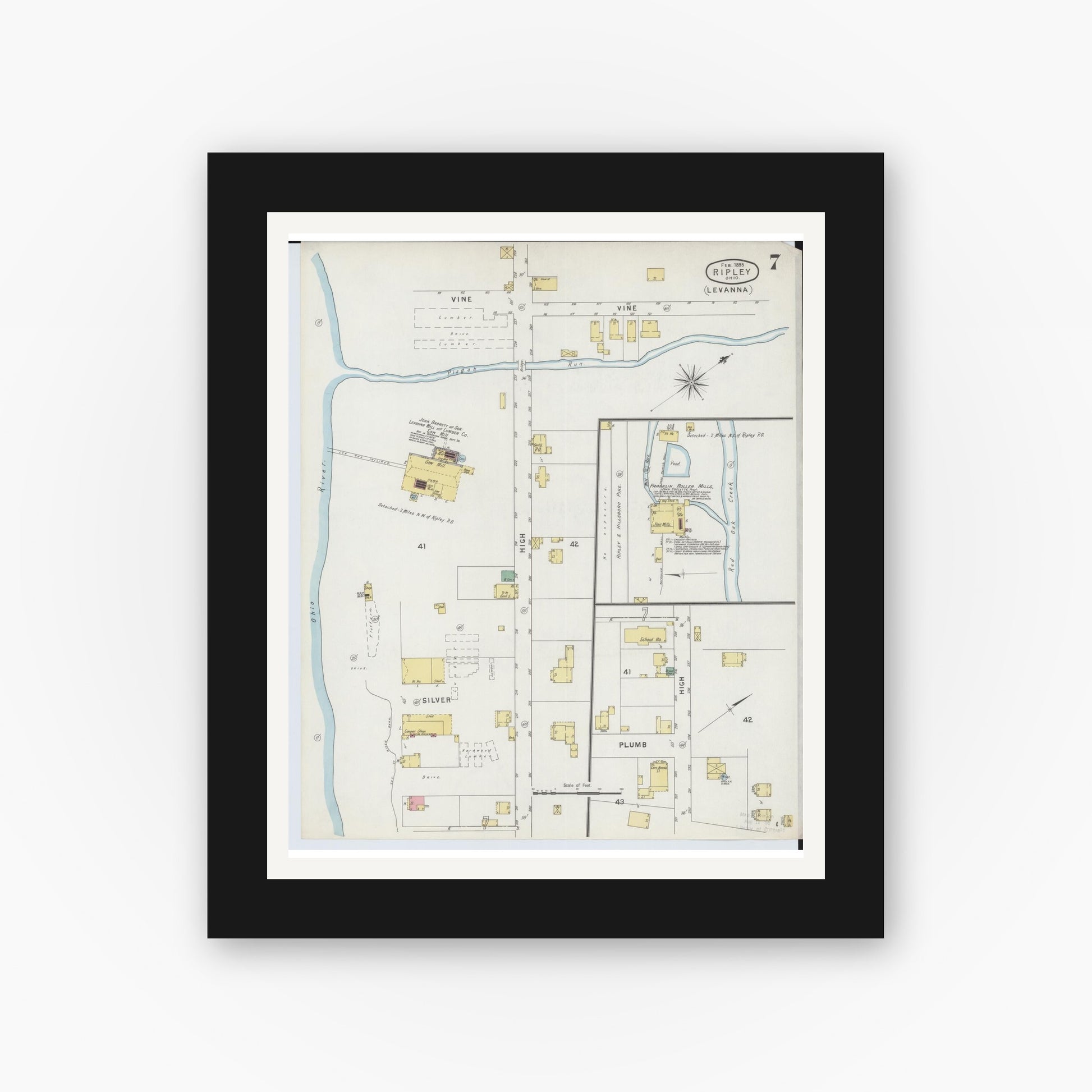 Old map wall art mockup — black gallery frame with white mat — Sanborn Fire Insurance Map from Ripley, Brown County, Ohio (1895), Sheet #0007