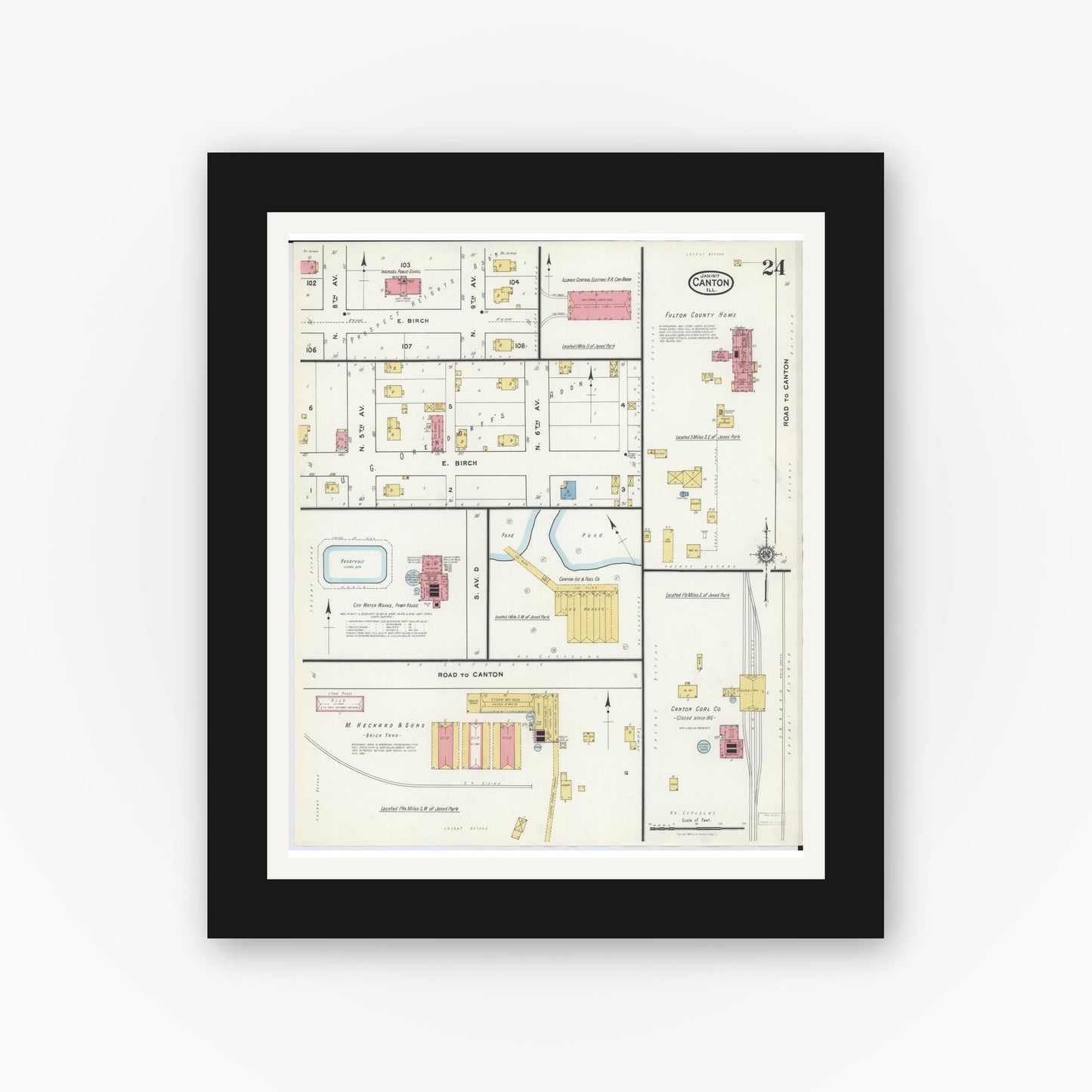 Old map wall art mockup — black gallery frame with white mat — Sanborn Fire Insurance Map from Canton, Fulton County, Illinois (1917), Sheet #0024