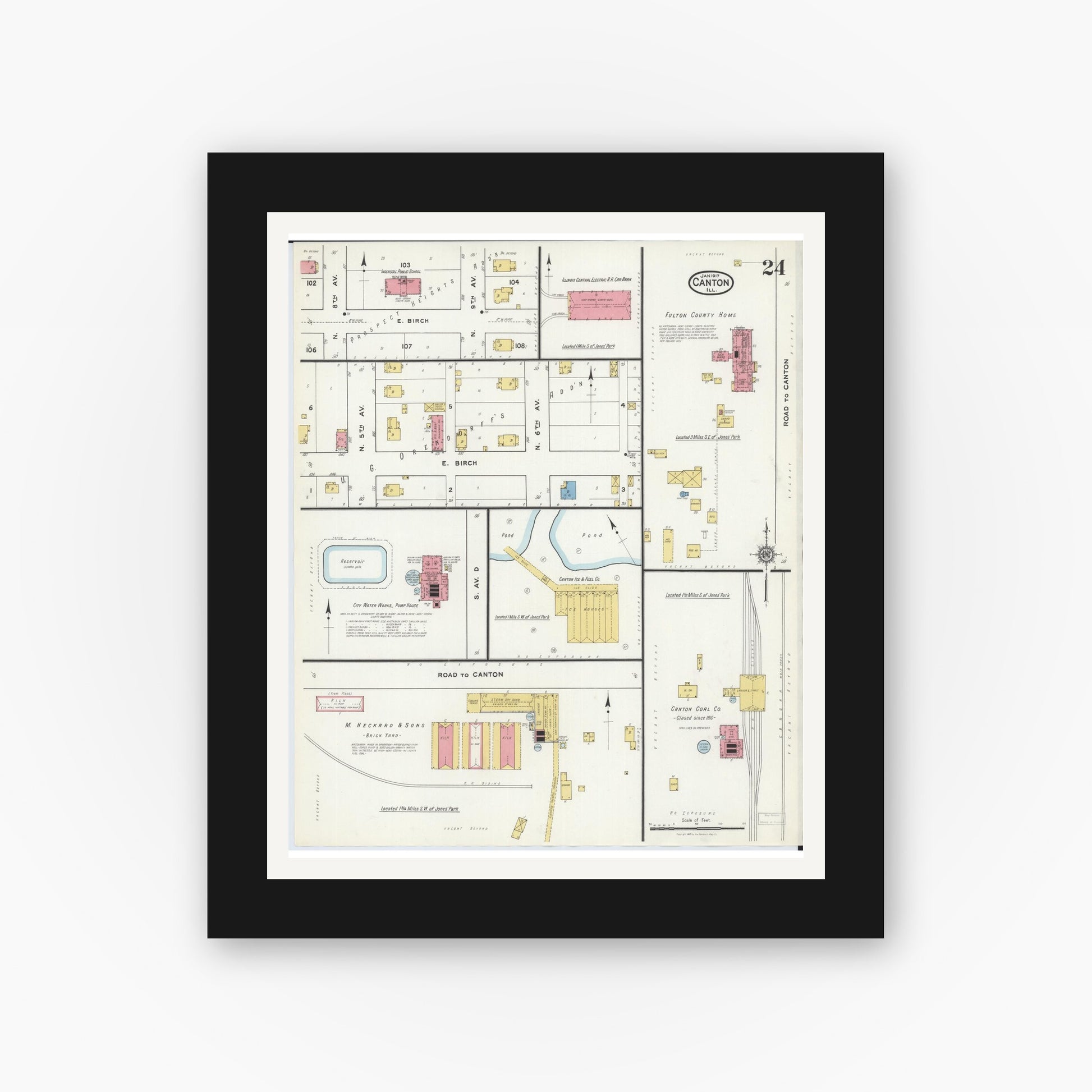 Old map wall art mockup — black gallery frame with white mat — Sanborn Fire Insurance Map from Canton, Fulton County, Illinois (1917), Sheet #0024