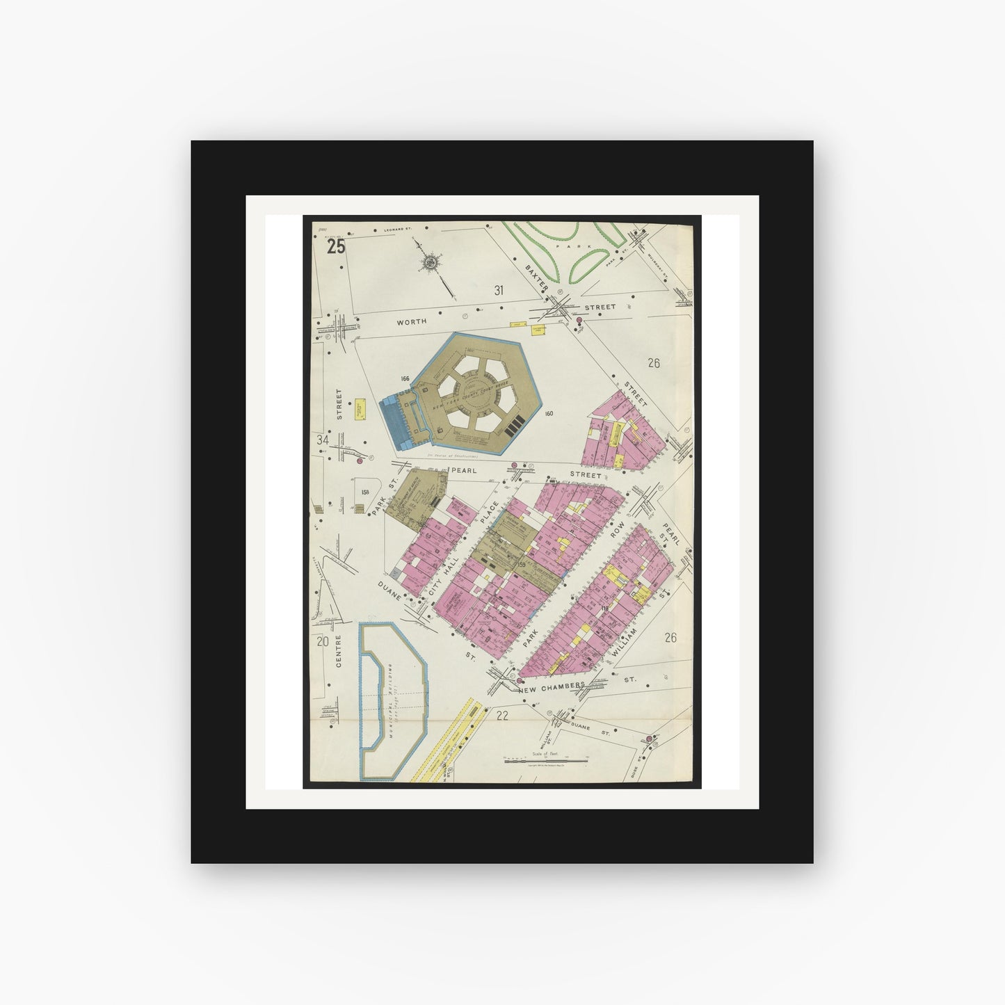 Old map wall art mockup — black gallery frame with white mat — Sanborn Fire Insurance Map from New York, Bronx, Manhattan, New York (1923), Sheet #0025