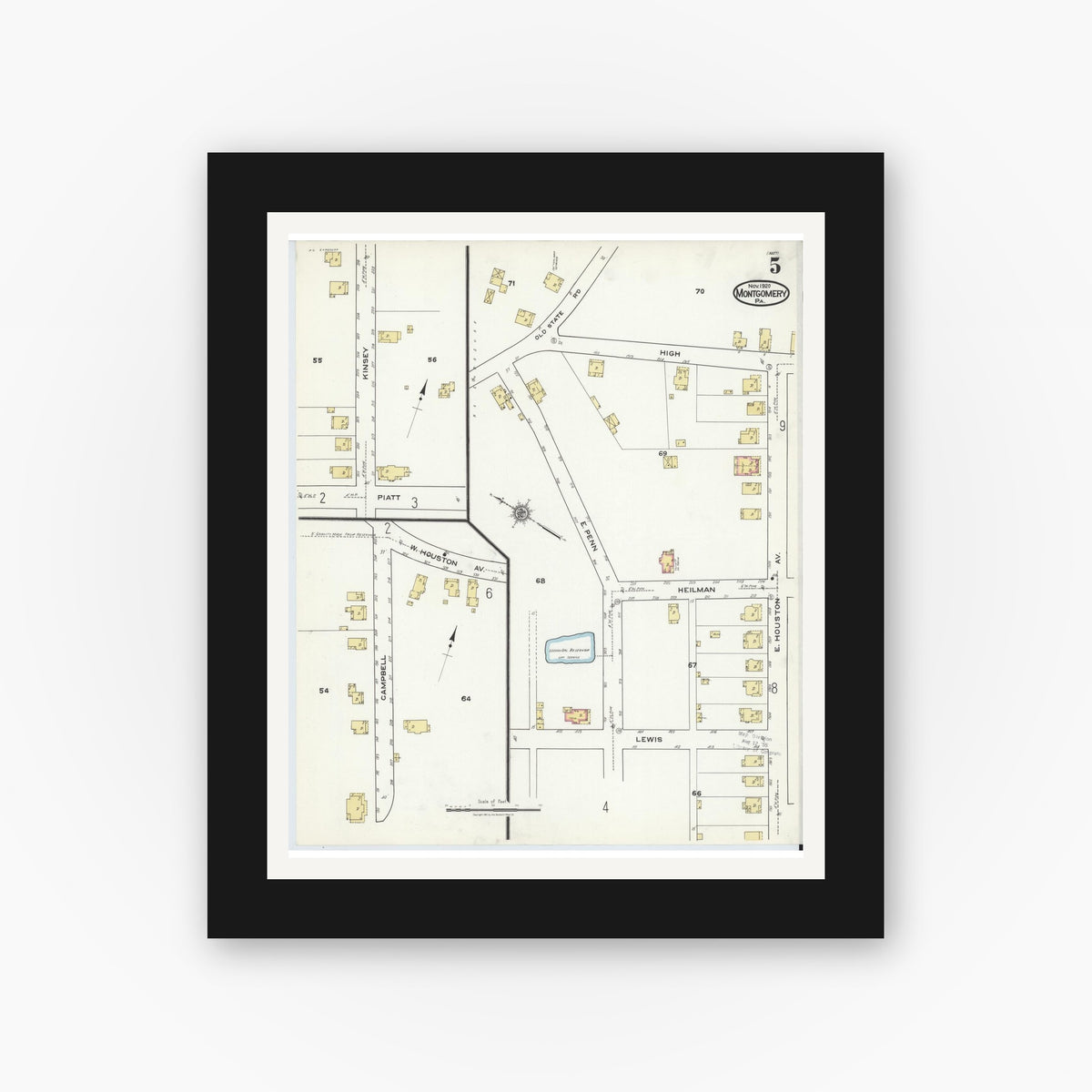 Old map wall art mockup — black gallery frame with white mat — Sanborn Fire Insurance Map from Montgomery, Lycoming County, Pennsylvania (1920), Sheet #0005