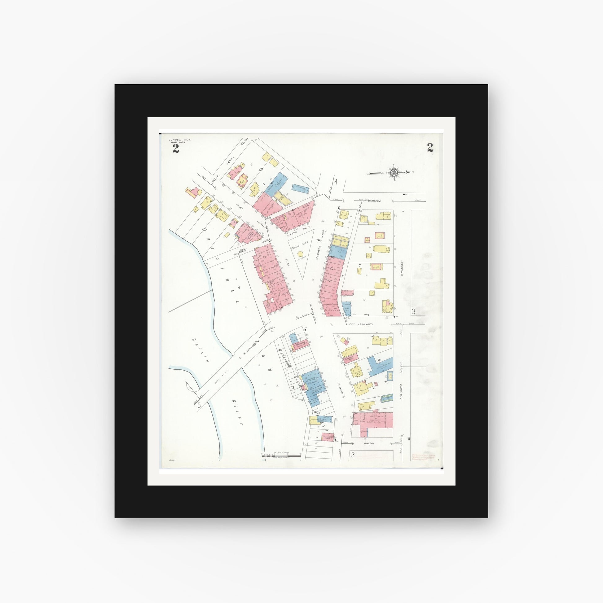 Old map wall art mockup — black gallery frame with white mat — Sanborn Fire Insurance Map from Dundee, Monroe County, Michigan (1938), Sheet #0002