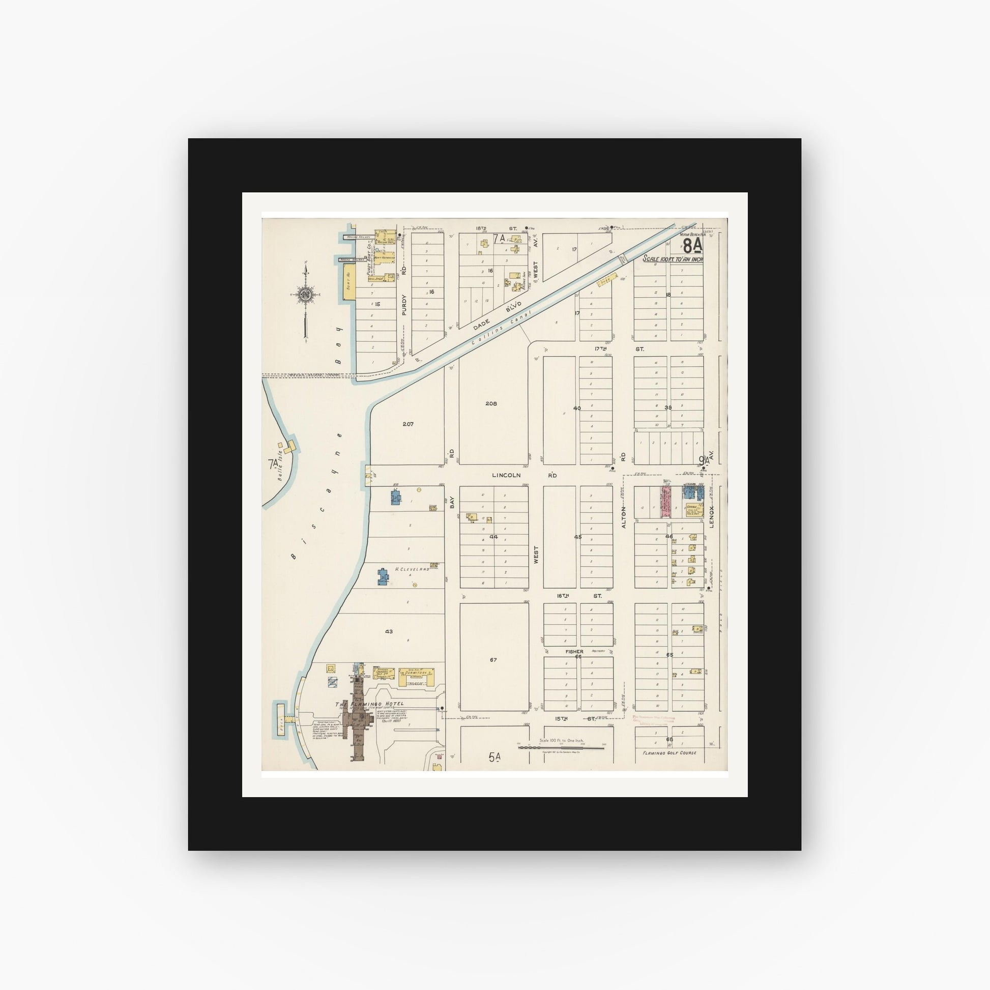 Old map wall art mockup — black gallery frame with white mat — Sanborn Fire Insurance Map from Miami Beach, Dade County, Florida (1921), Sheet #0008
