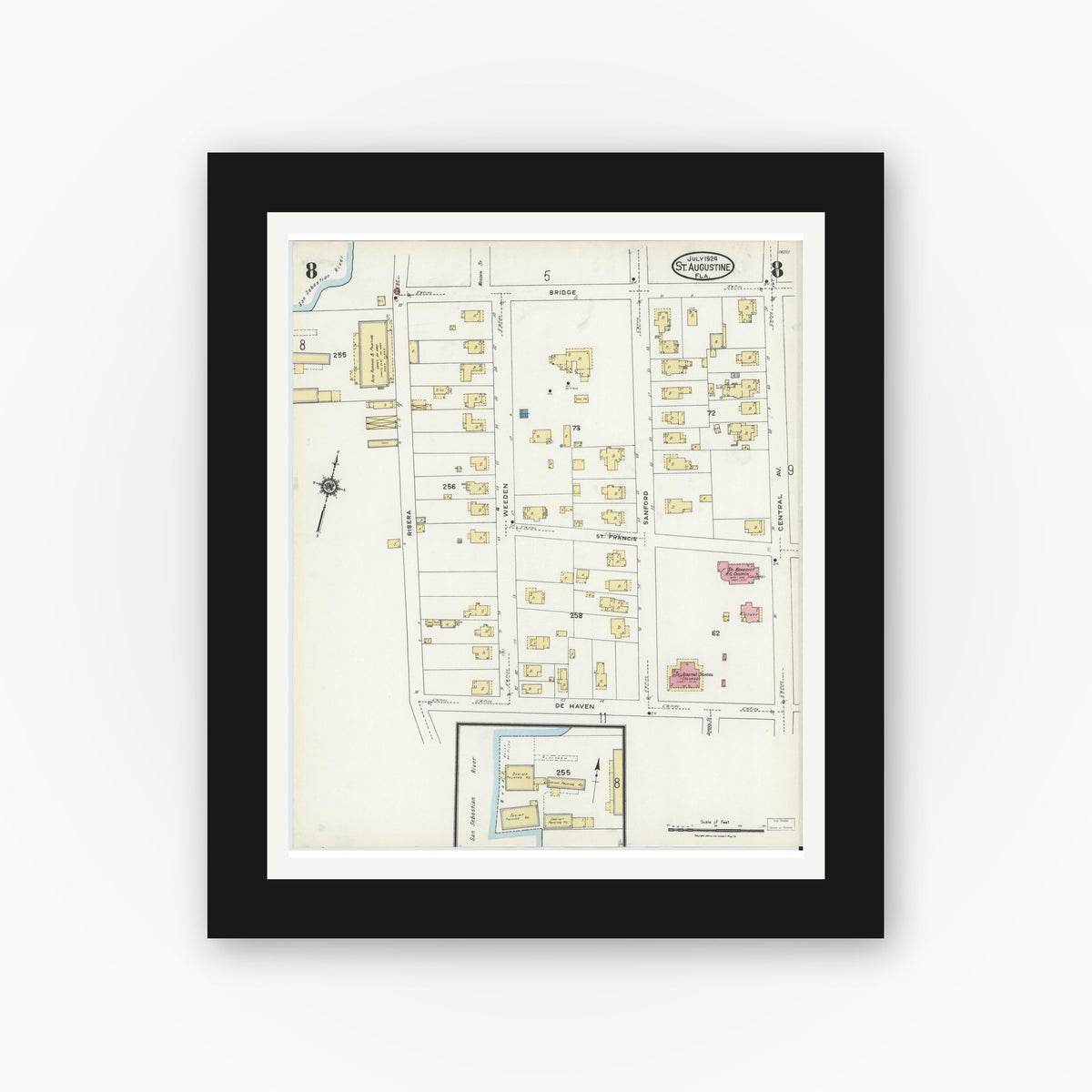 Old map wall art mockup — black gallery frame with white mat — Sanborn Fire Insurance Map from Saint Augustine, Saint John's County, Florida (1924), Sheet #0008
