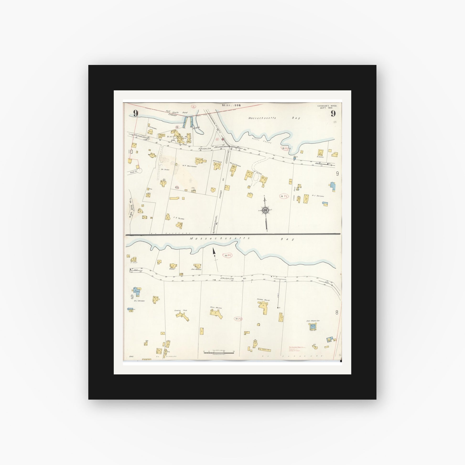 Old map wall art mockup — black gallery frame with white mat — Sanborn Fire Insurance Map from Cohasset, Norfolk County, Massachusetts (1940), Sheet #0009
