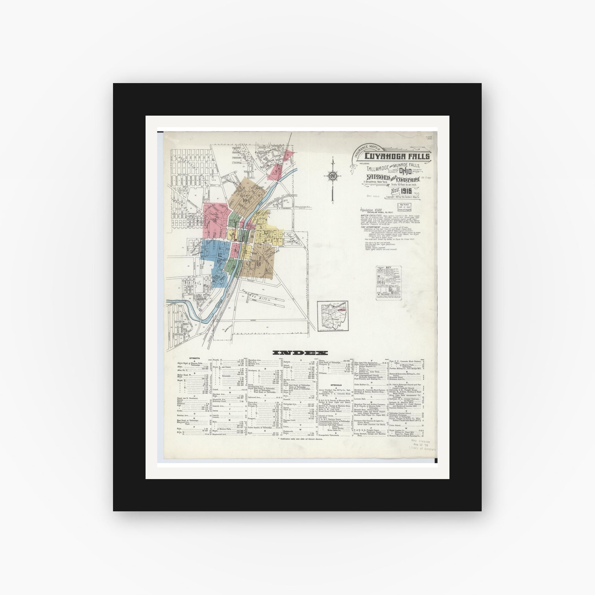 Old map wall art mockup — black gallery frame with white mat — Sanborn Fire Insurance Map from Cuyahoga Falls, Summit County, Ohio (1916) - Complete Map Set