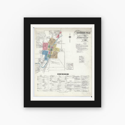 Old map wall art mockup — black gallery frame with white mat — Sanborn Fire Insurance Map from Cuyahoga Falls, Summit County, Ohio (1916) - Complete Map Set