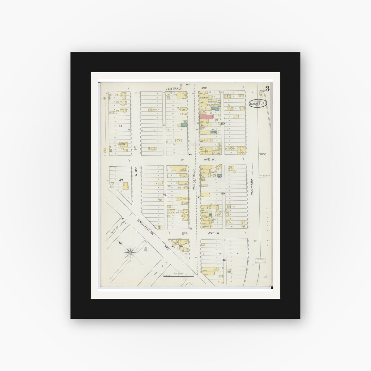 Old map wall art mockup — black gallery frame with white mat — Sanborn Fire Insurance Map from Washburn, Bayfield County, Wisconsin (1893), Sheet #0003