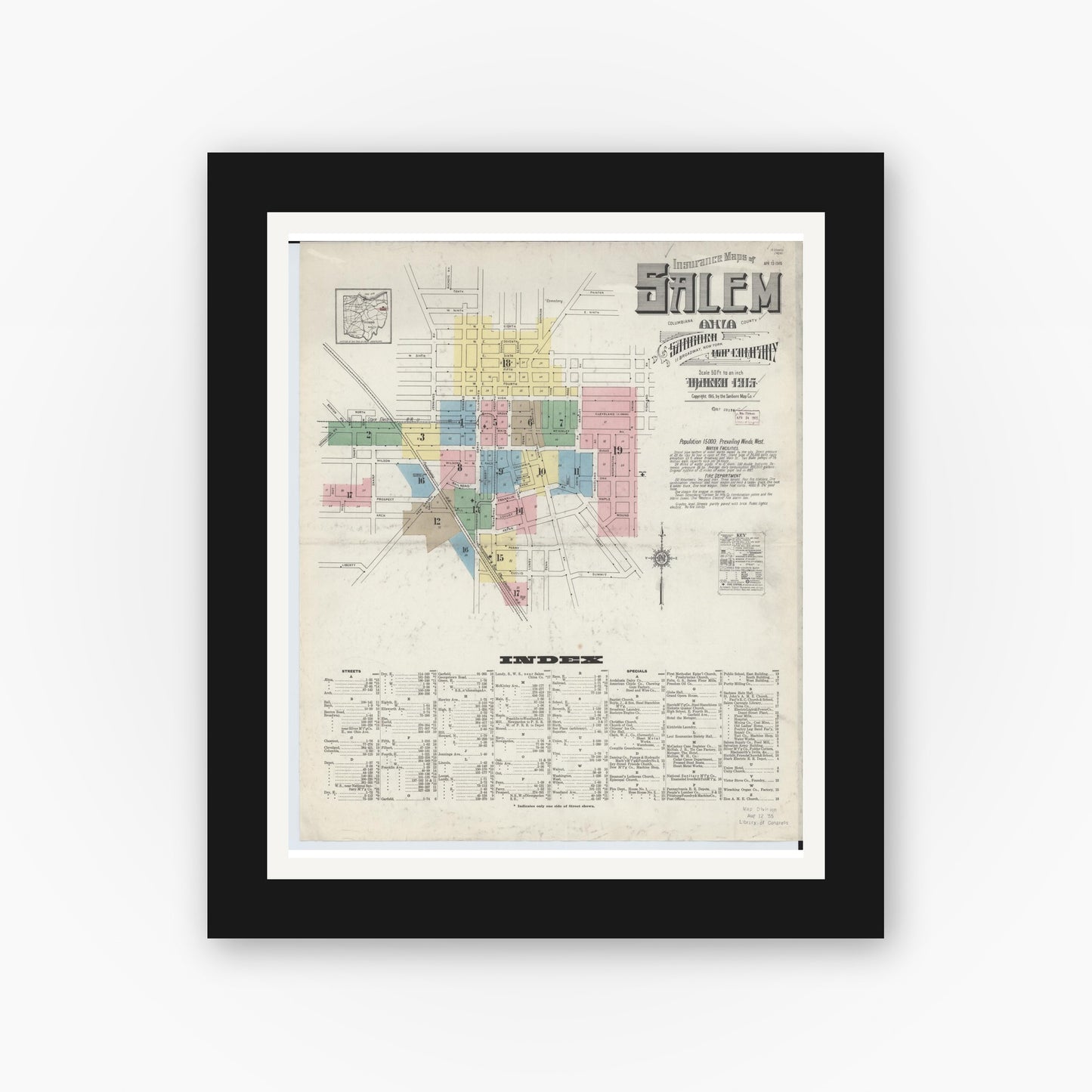 Old map wall art mockup — black gallery frame with white mat — Sanborn Fire Insurance Map from Salem, Columbiana County, Ohio (1915) - Complete Map Set
