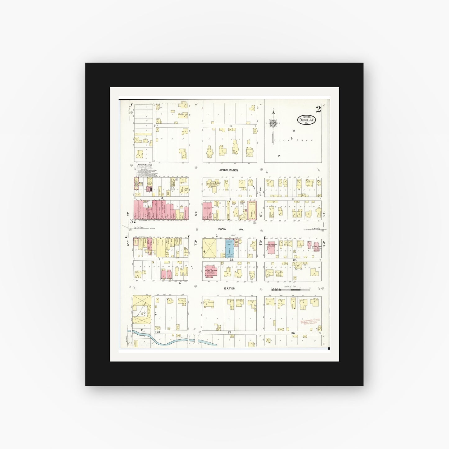 Old map wall art mockup — black gallery frame with white mat — Sanborn Fire Insurance Map from Dunlap, Harrison County, Iowa (1913), Sheet #0002