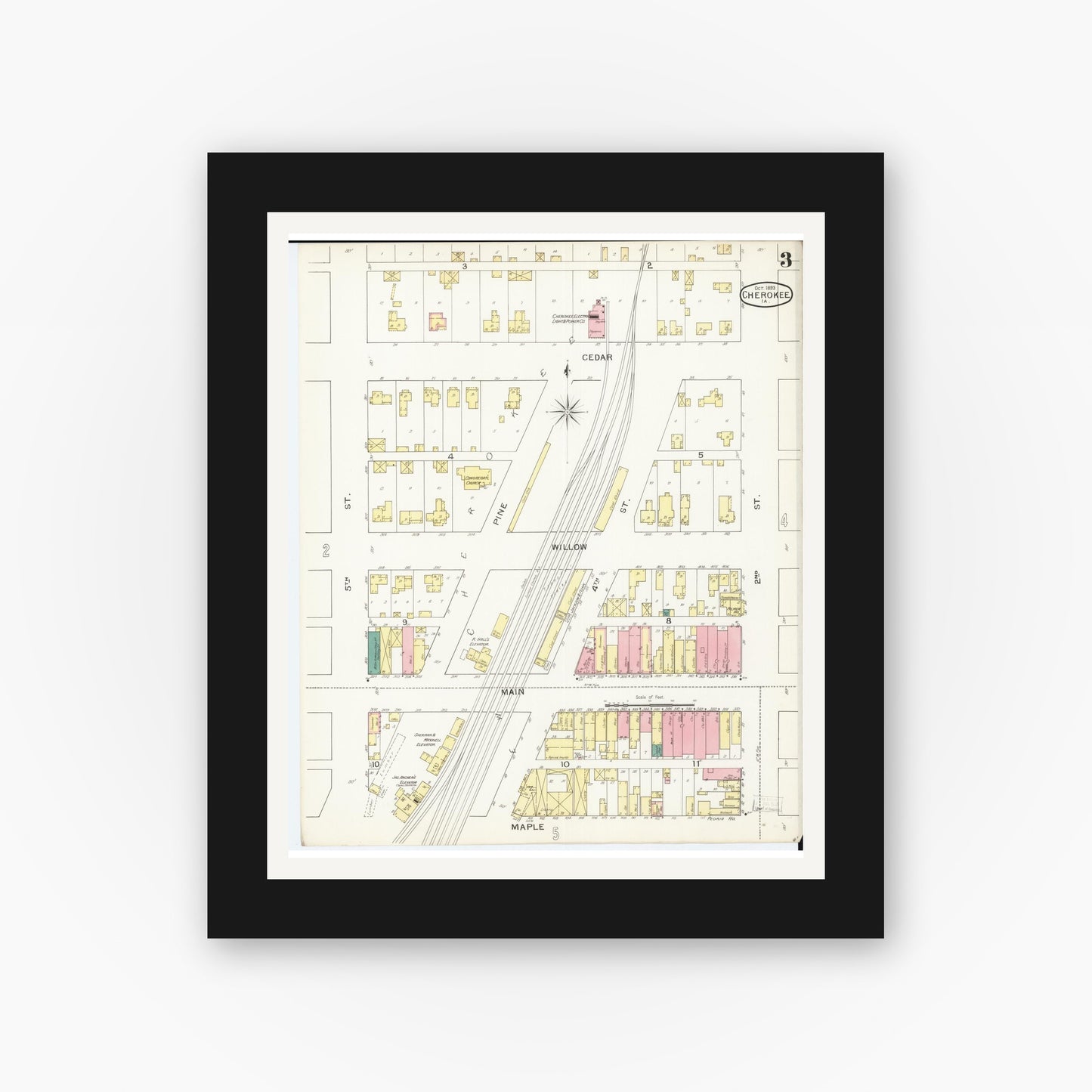 Old map wall art mockup — black gallery frame with white mat — Sanborn Fire Insurance Map from Cherokee, Cherokee County, Iowa (1893), Sheet #0003