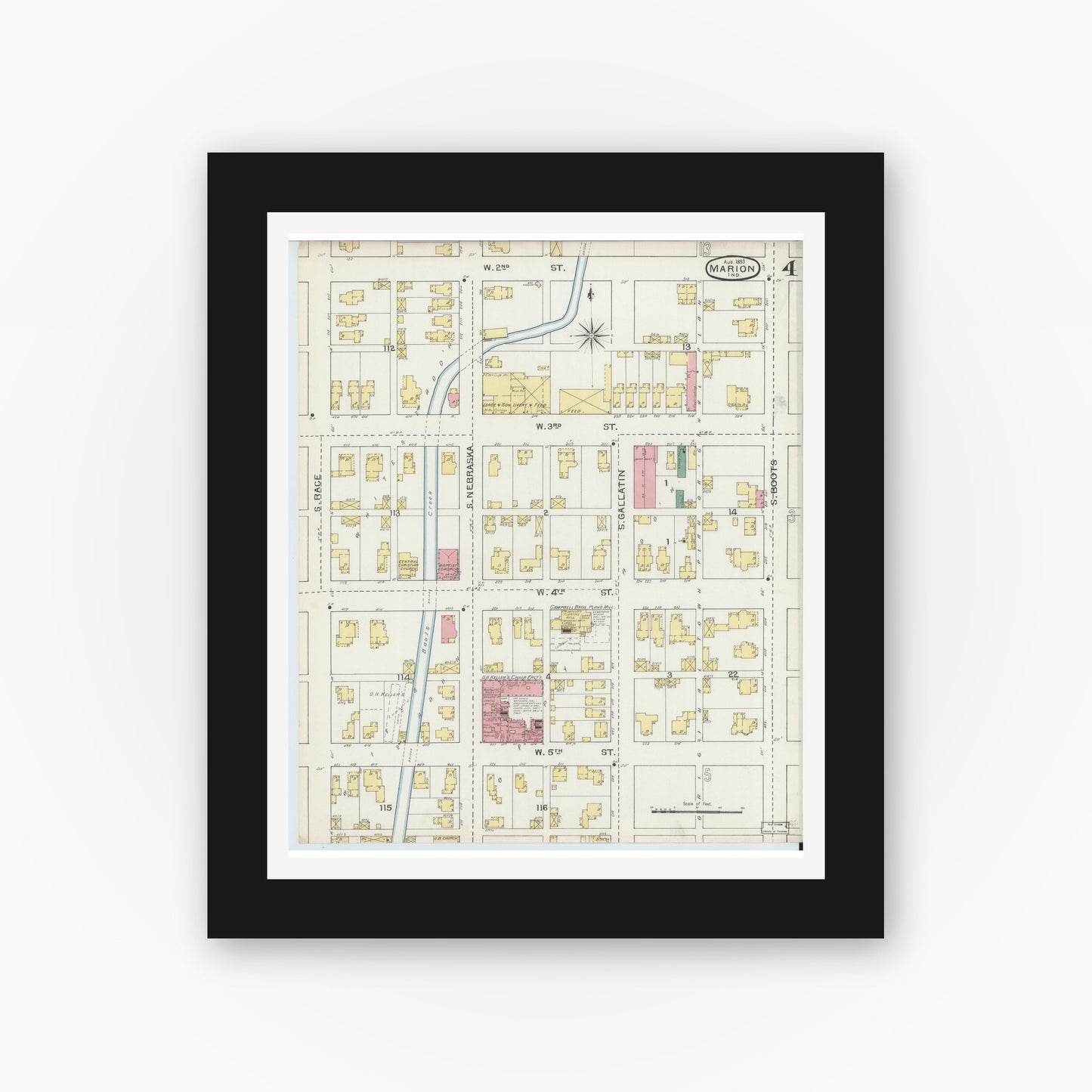 Old map wall art mockup — black gallery frame with white mat — Sanborn Fire Insurance Map from Marion, Grant County, Indiana (1893), Sheet #0004