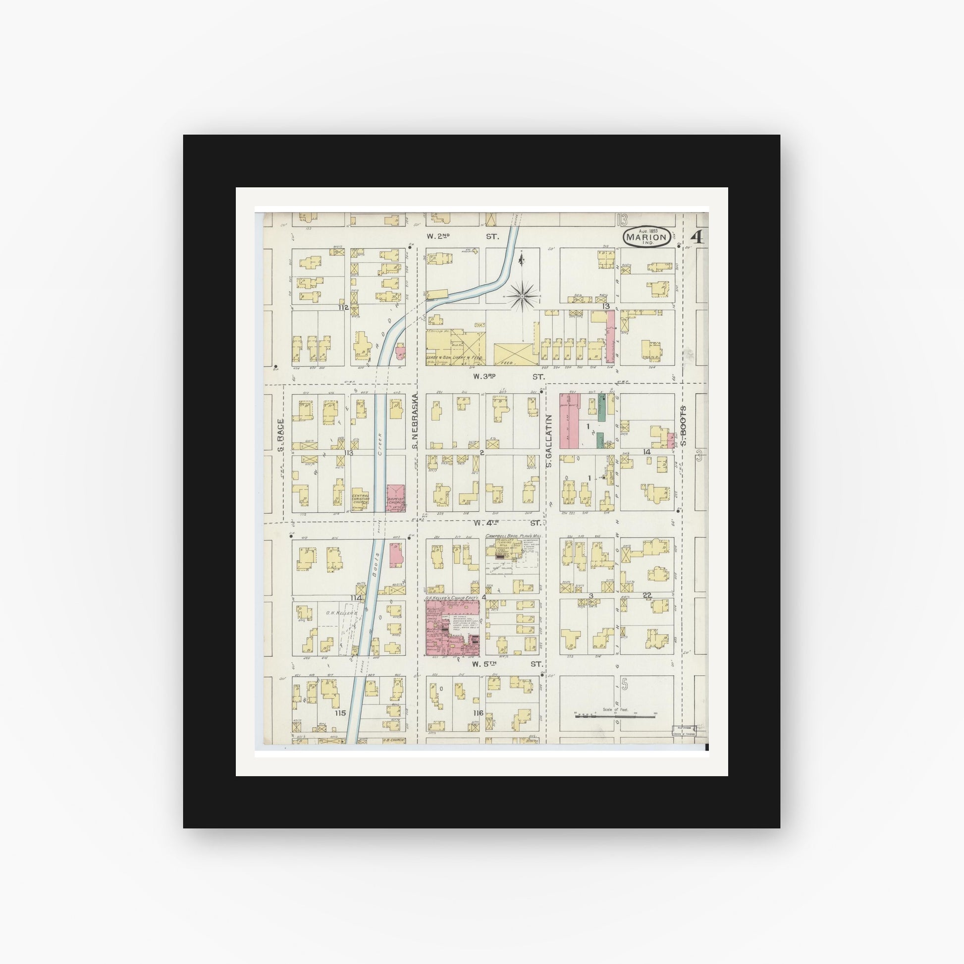 Old map wall art mockup — black gallery frame with white mat — Sanborn Fire Insurance Map from Marion, Grant County, Indiana (1893), Sheet #0004