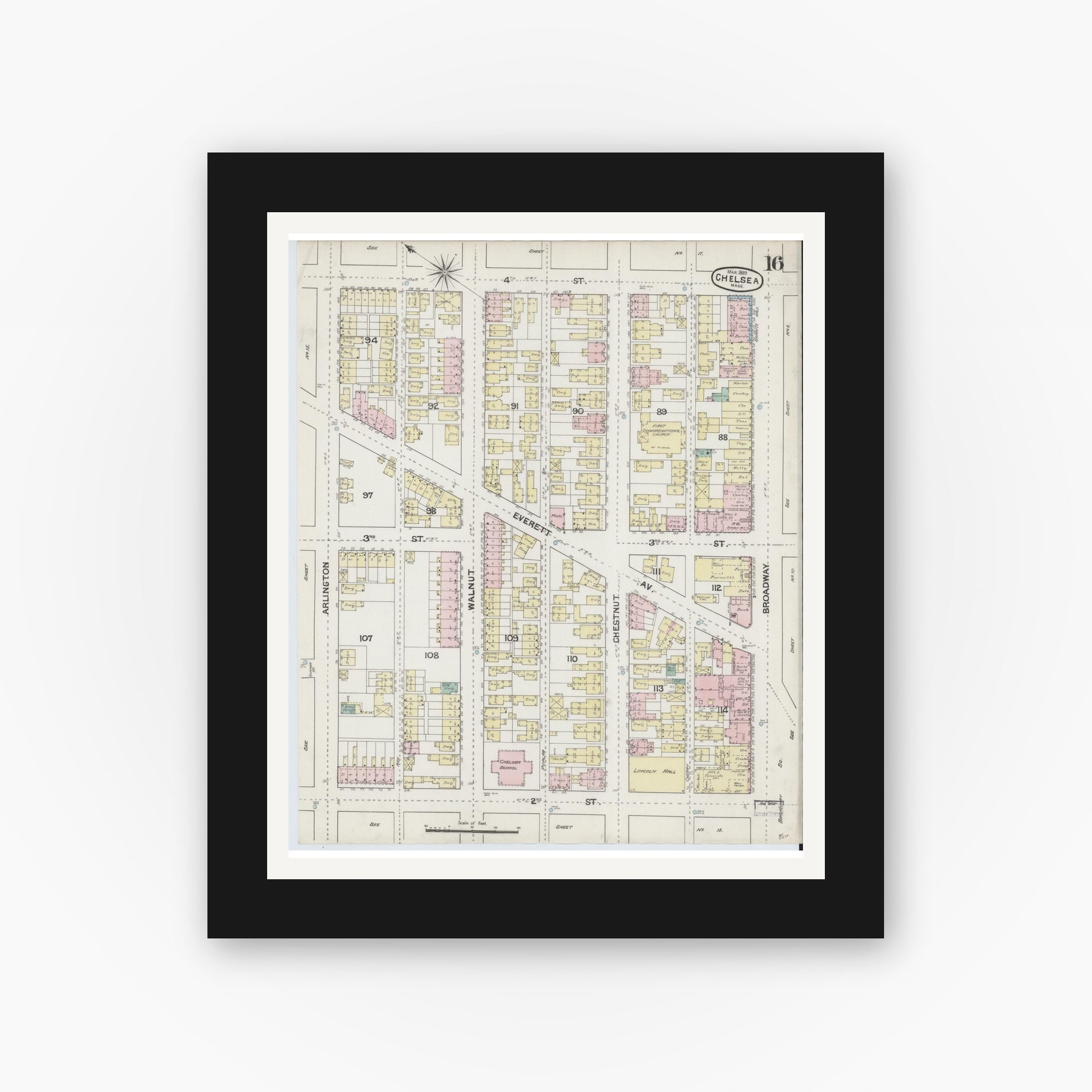 Old map wall art mockup — black gallery frame with white mat — Sanborn Fire Insurance Map from Chelsea, Suffolk County, Massachusetts (1889), Sheet #0016