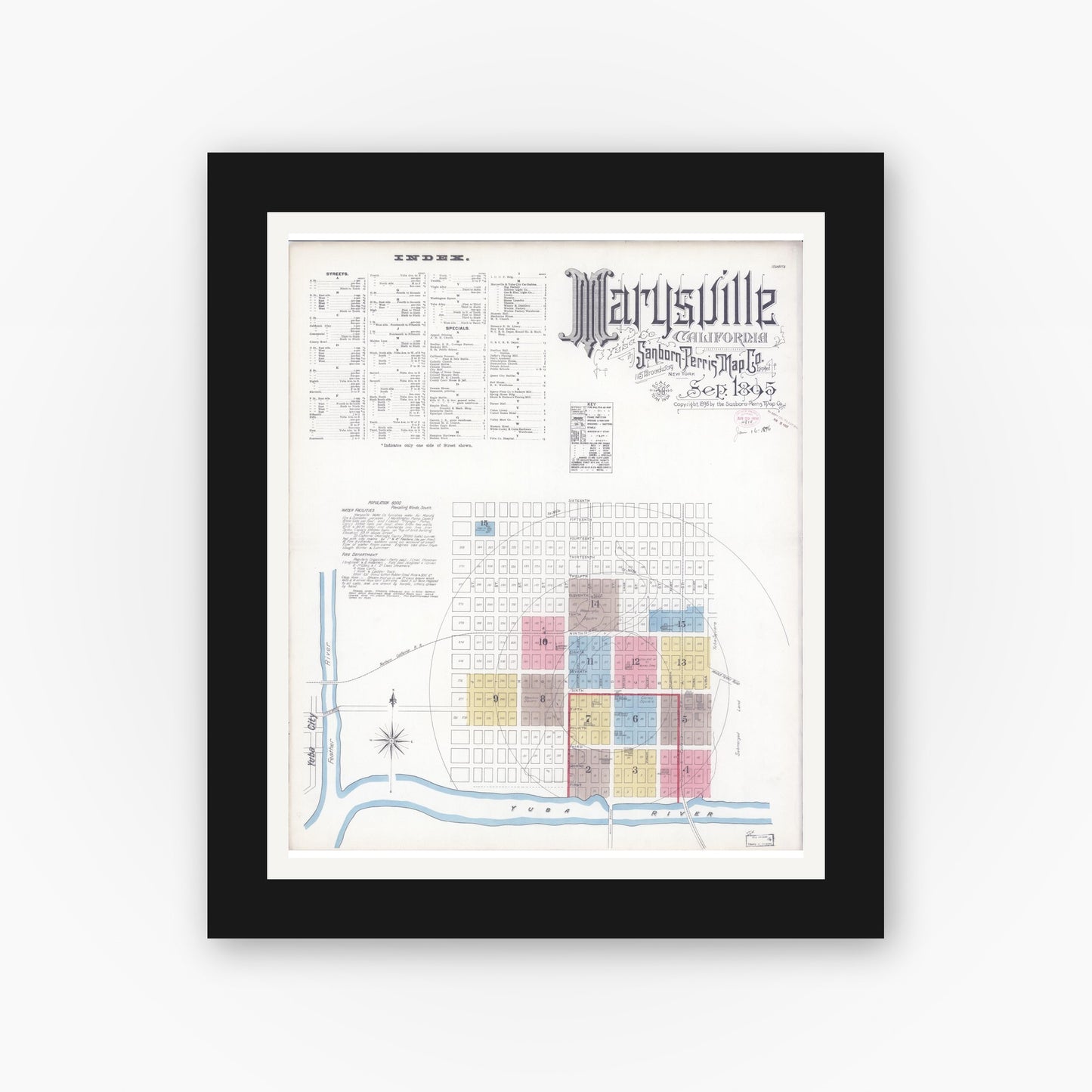 Old map wall art mockup — black gallery frame with white mat — Sanborn Fire Insurance Map from Marysville, Yuba County, California (1895), Sheet #0001