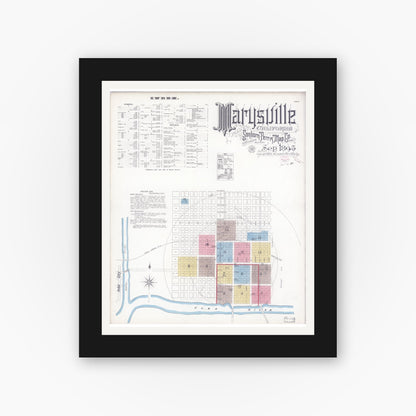 Old map wall art mockup — black gallery frame with white mat — Sanborn Fire Insurance Map from Marysville, Yuba County, California (1895), Sheet #0001