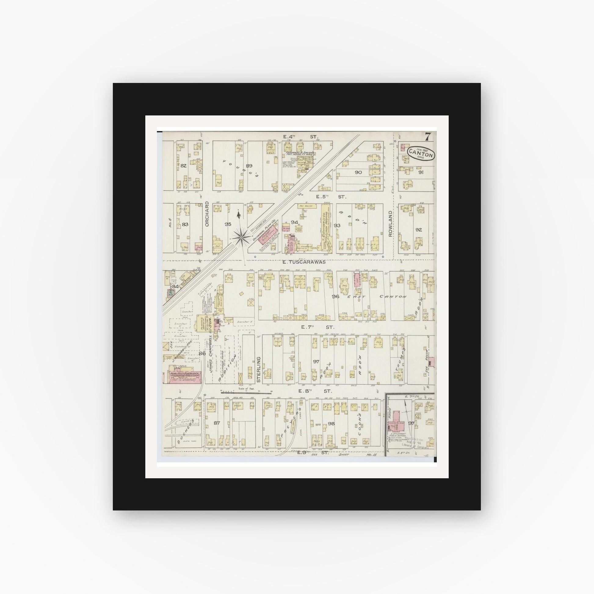 Old map wall art mockup — black gallery frame with white mat — Sanborn Fire Insurance Map from Canton, Stark County, Ohio (1887), Sheet #0007