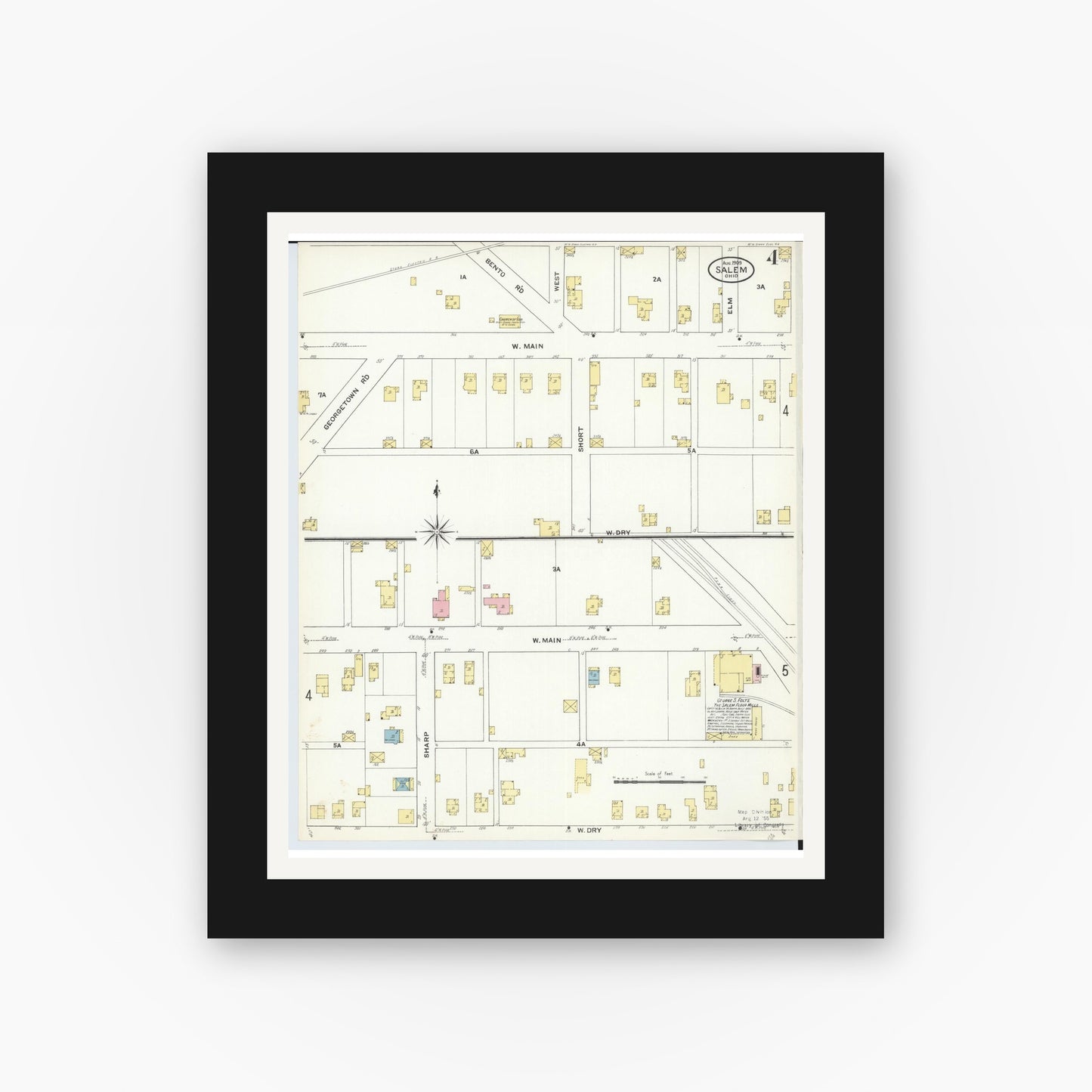 Old map wall art mockup — black gallery frame with white mat — Sanborn Fire Insurance Map from Salem, Columbiana County, Ohio (1909), Sheet #0004
