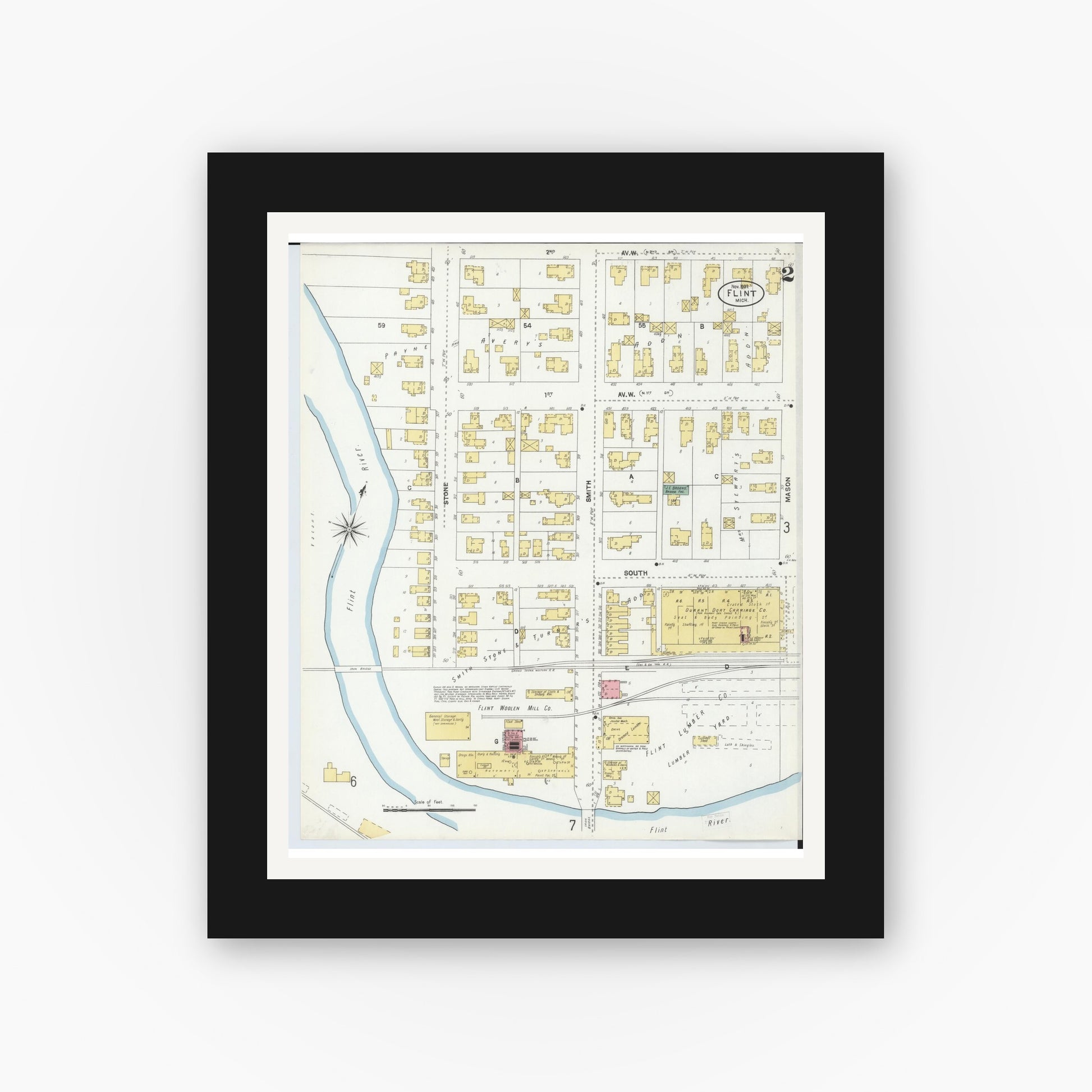 Old map wall art mockup — black gallery frame with white mat — Sanborn Fire Insurance Map from Flint, Genesee County, Michigan (1902), Sheet #0002